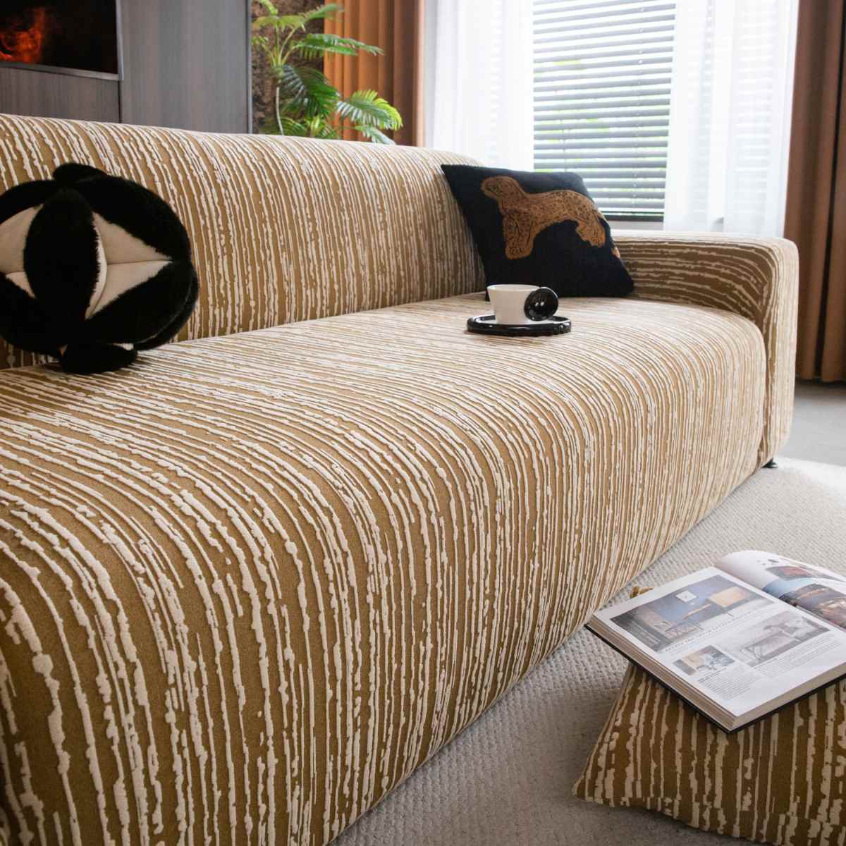 High Stretch Couch Slipcover with Abstract Stripe, Washable Non-Slip Cover for Dogs
