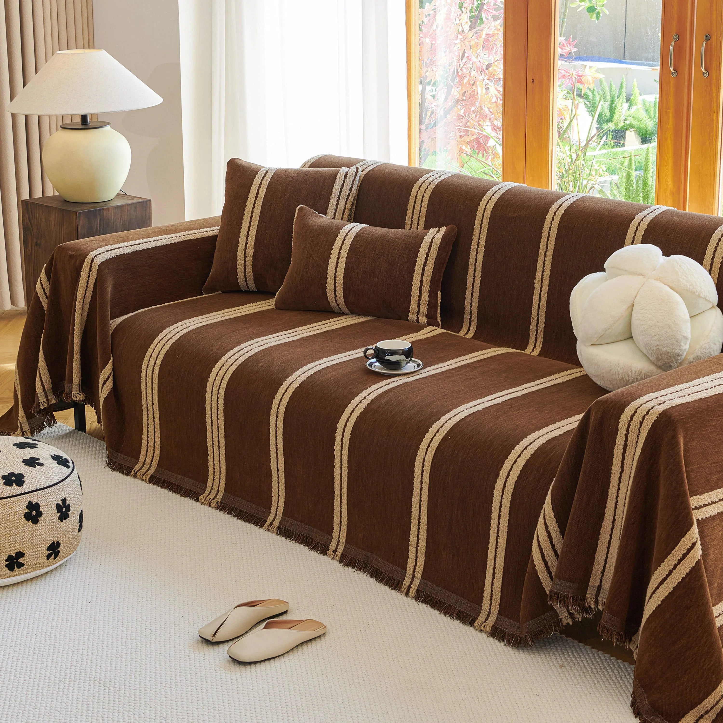 Textural Striped Chenille Sofa Covers, Boho Washable Decor Sofa Blankets Covers - TaroTextile