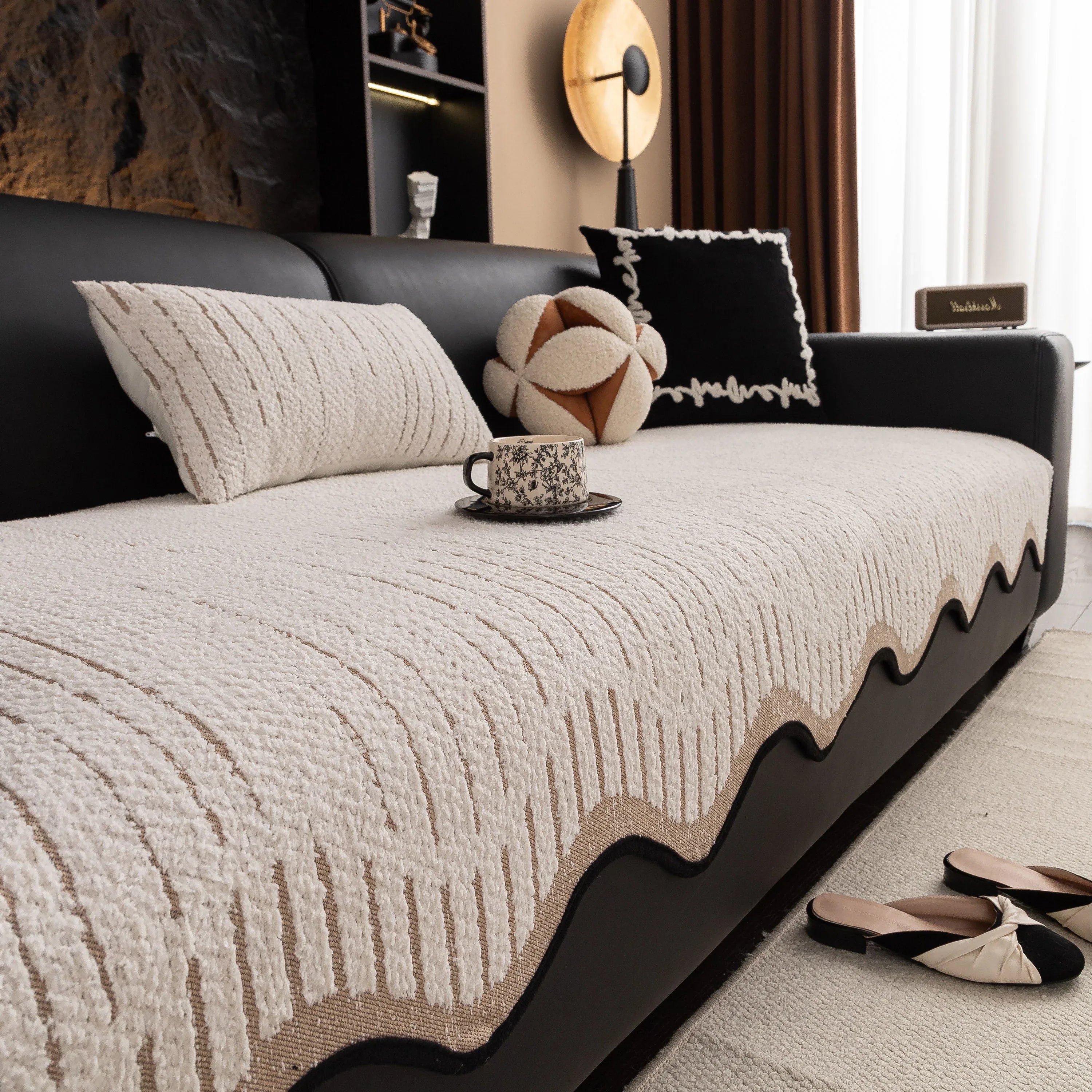 Textured Sofa Seat Cover with Wave Edge – Non-Slip, Washable Couch Throw Protector - TaroTextile