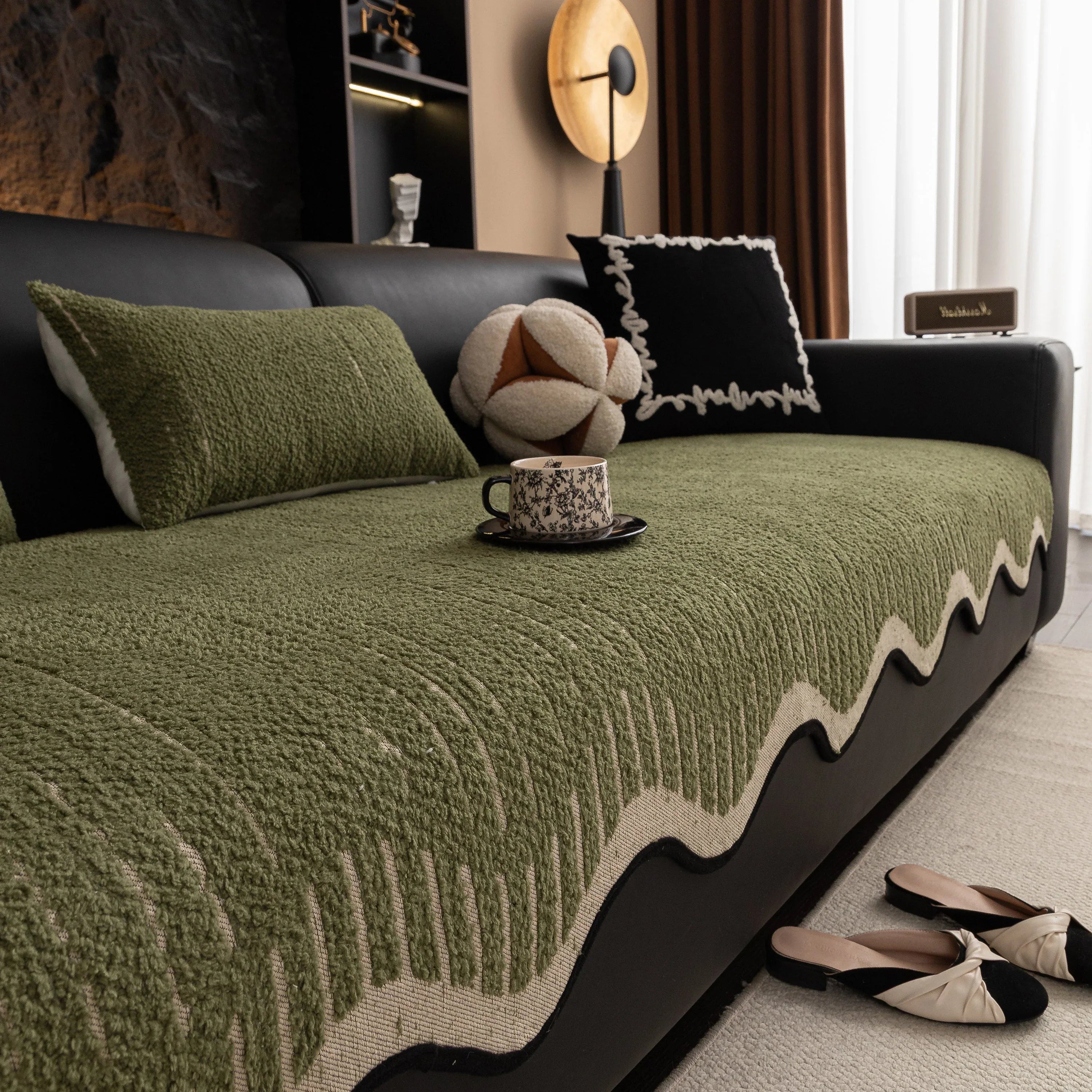 Textured Sofa Seat Cover with Wave Edge – Non-Slip, Washable Couch Throw Protector - TaroTextile