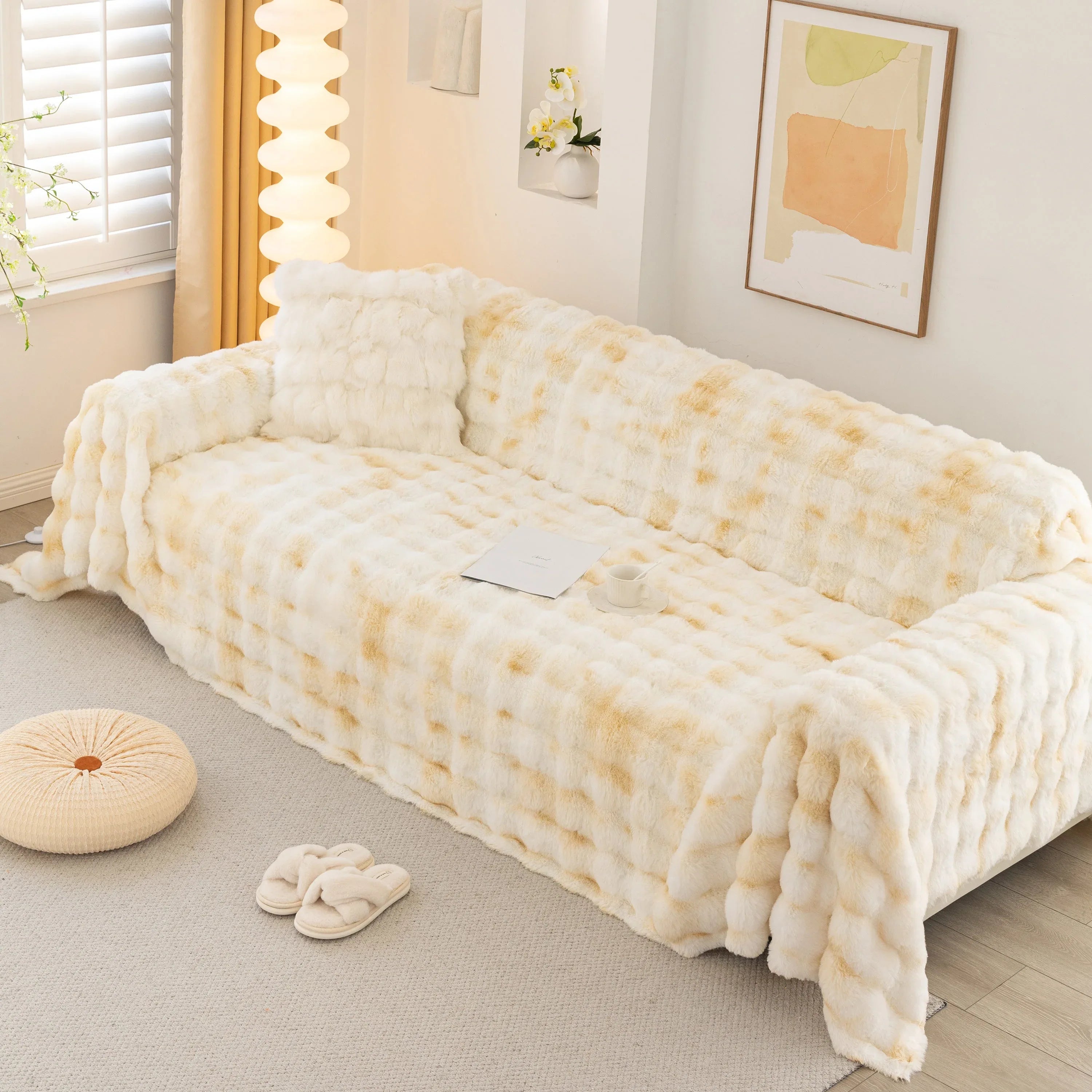 Thick Faux Fur Couch Cover Fluffy Fuzzy Warm Washable Furniture Protector for Kids Pets - TaroTextile