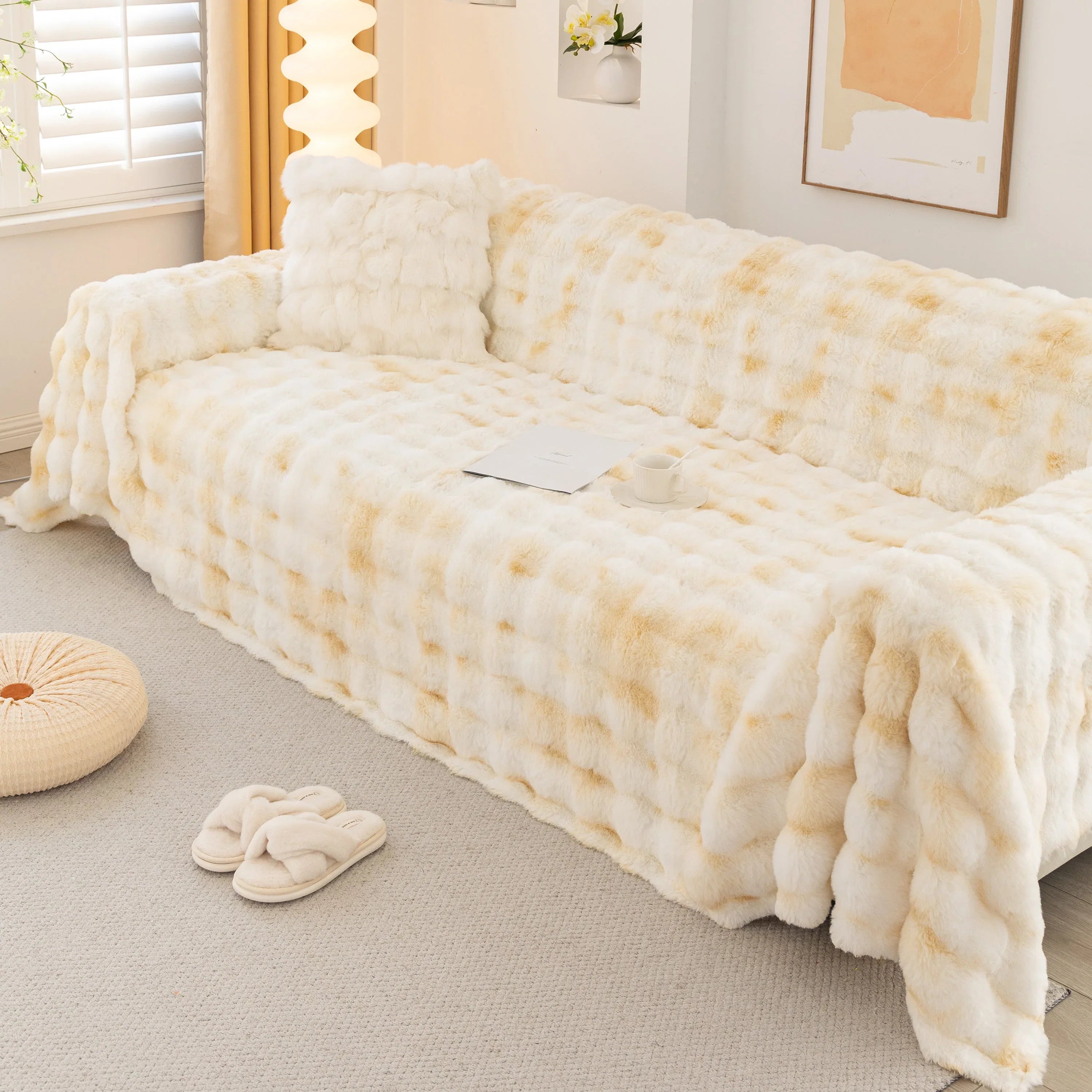 Thick Faux Fur Couch Cover Fluffy Fuzzy Warm Washable Furniture Protector for Kids Pets - TaroTextile