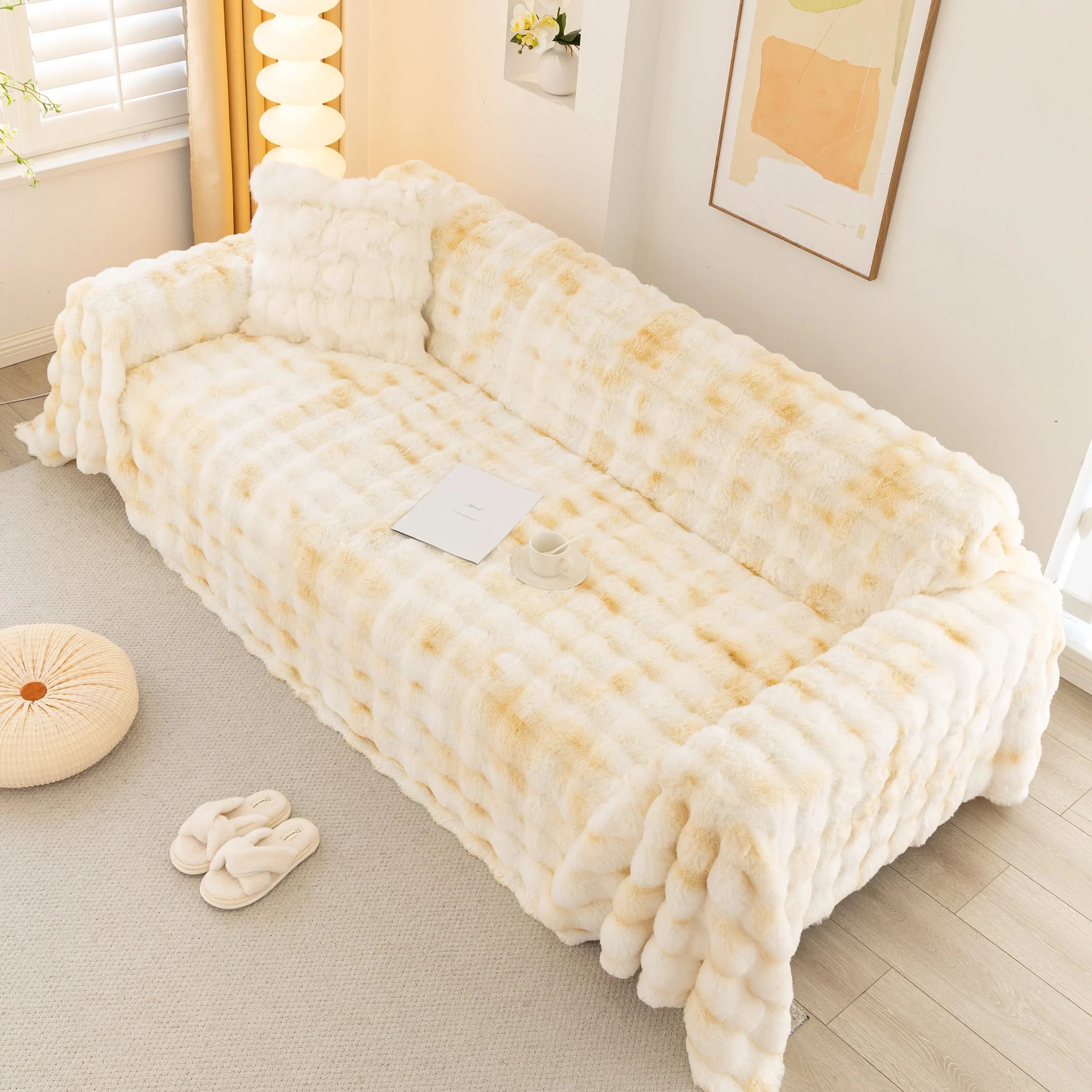 Thick Faux Fur Couch Cover Fluffy Fuzzy Warm Washable Furniture Protector for Kids Pets - TaroTextile