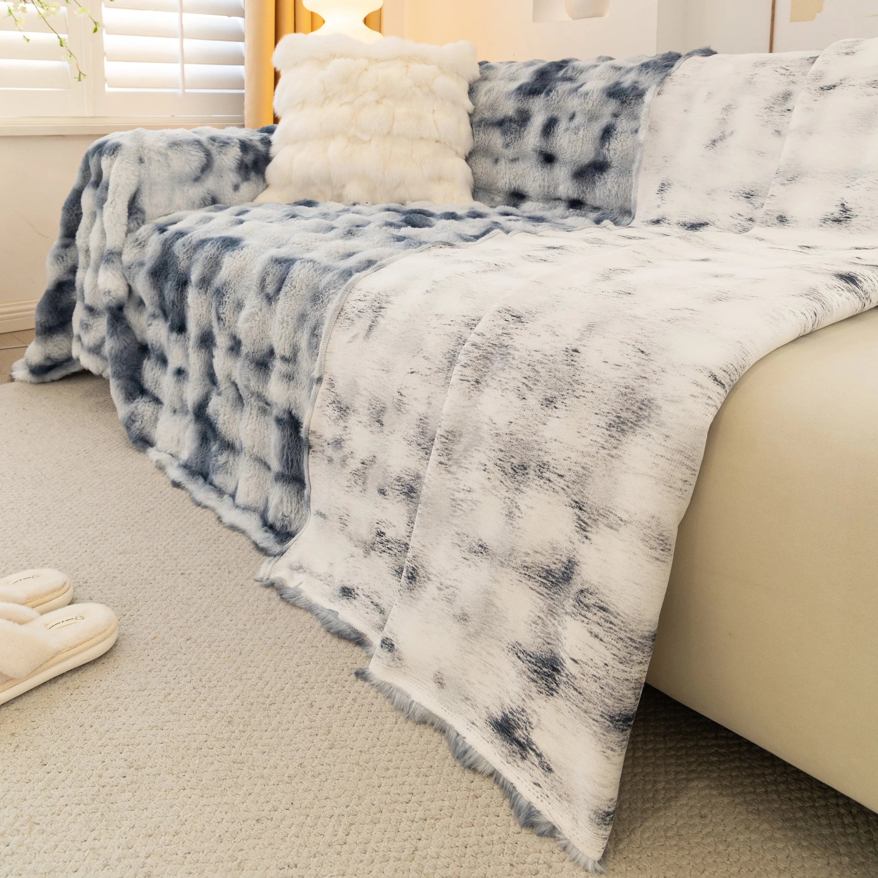 Thick Faux Fur Couch Cover Fluffy Fuzzy Warm Washable Furniture Protector for Kids Pets - TaroTextile