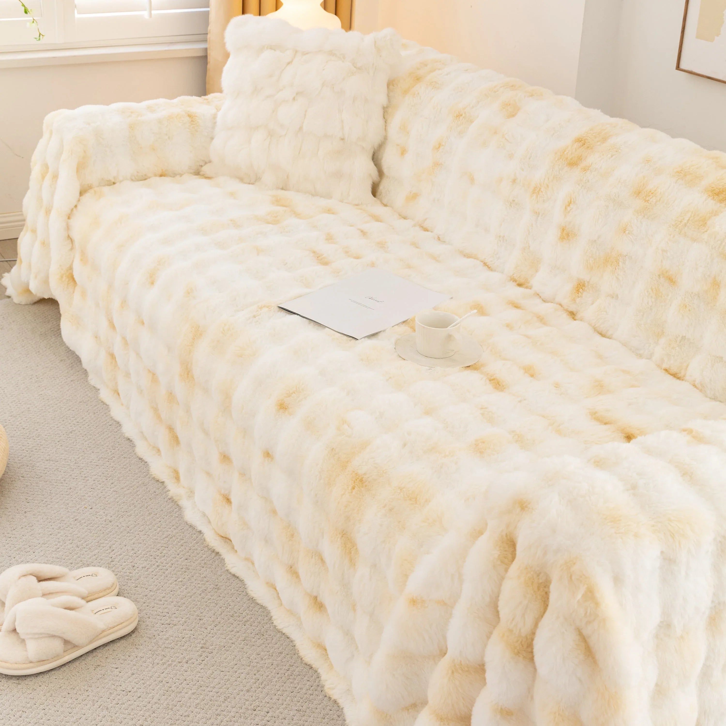 Thick Faux Fur Couch Cover Fluffy Fuzzy Warm Washable Furniture Protector for Kids Pets - TaroTextile