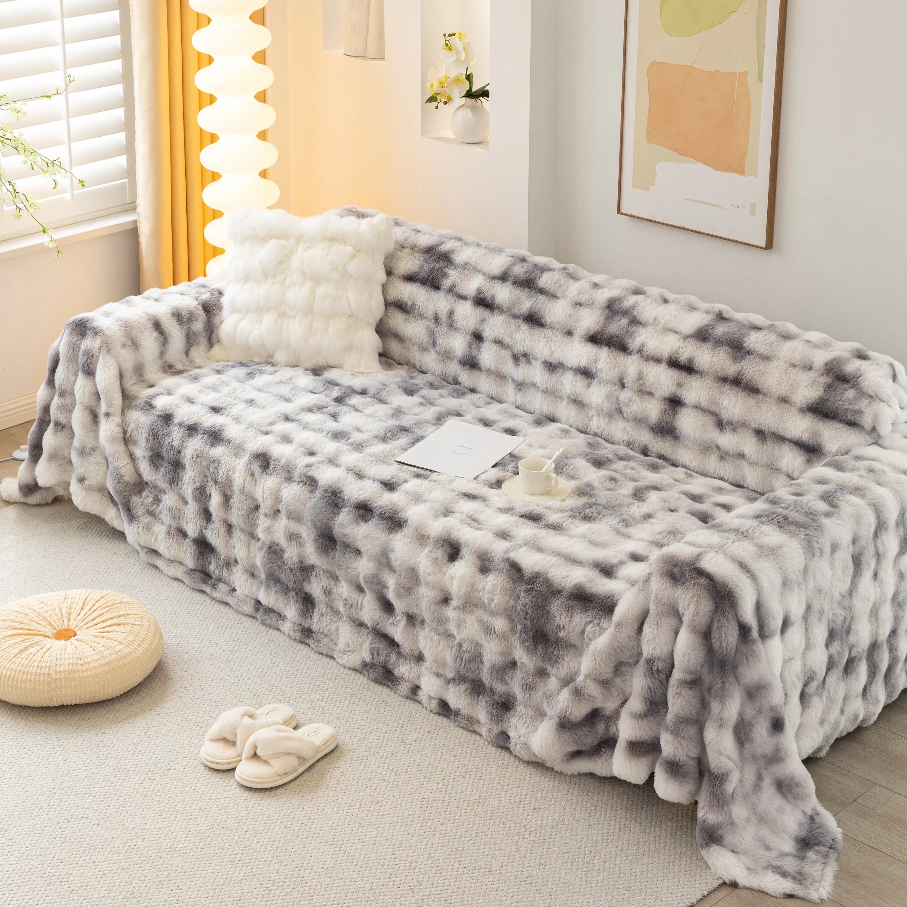 Thick Faux Fur Couch Cover Fluffy Fuzzy Warm Washable Furniture Protector for Kids Pets - TaroTextile