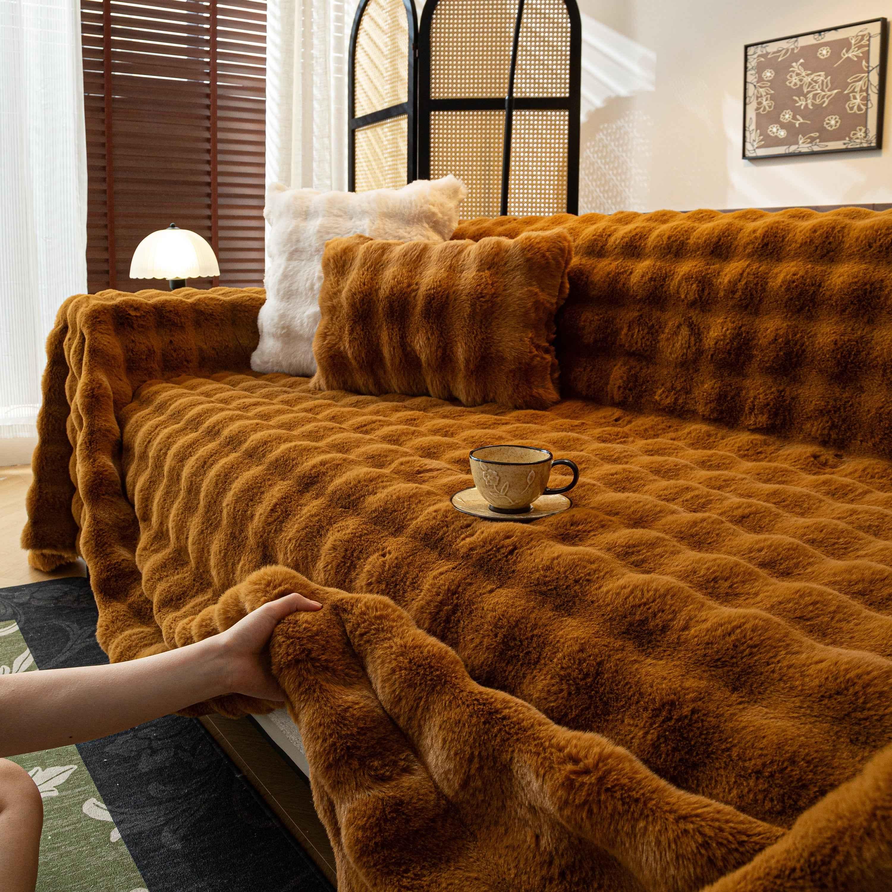 Thick Faux Fur Sofa Cover Fluffy Plush Warm Sofa Slipcover Furniture Protector for Couch Bed - TaroTextile