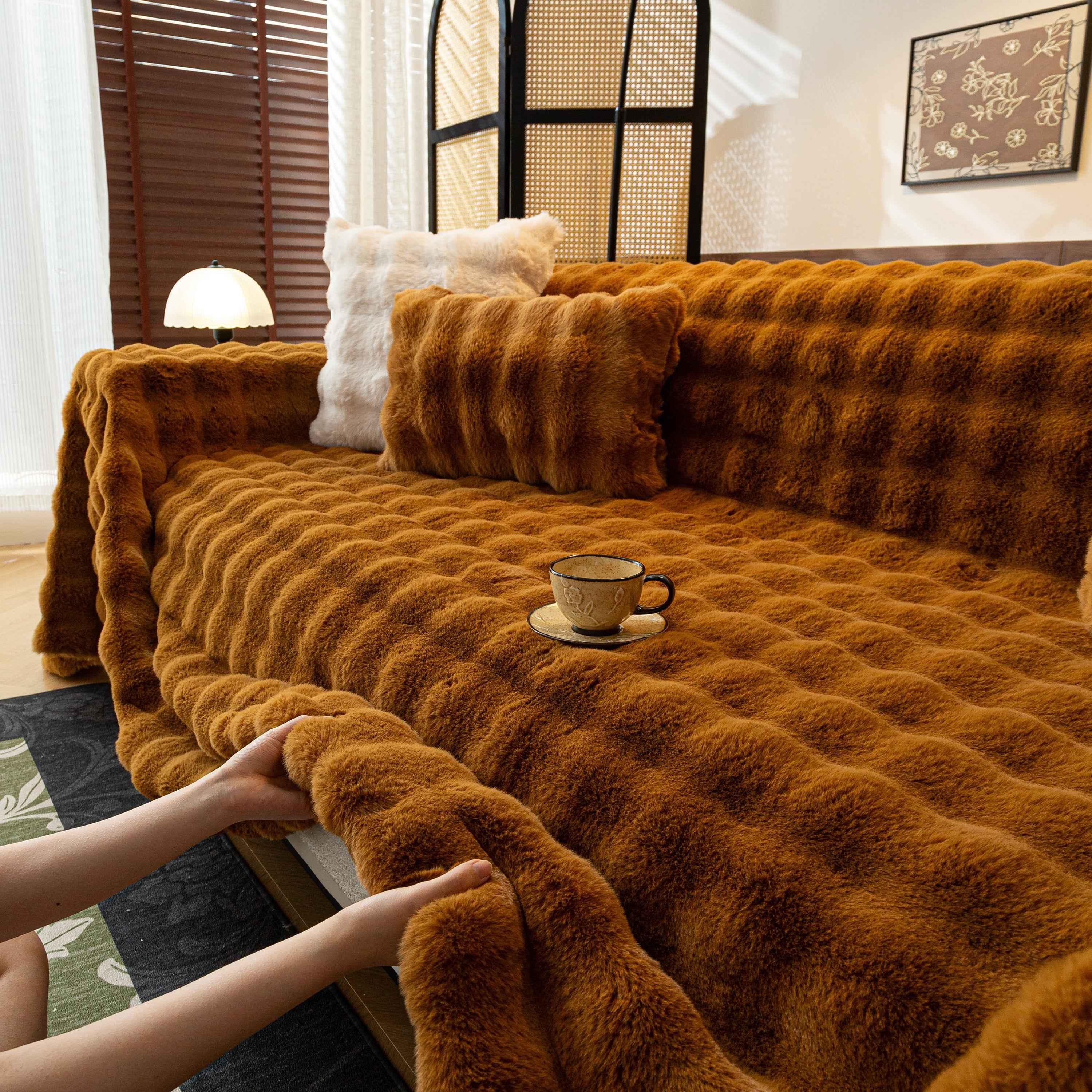 Thick Faux Fur Sofa Cover Fluffy Plush Warm Sofa Slipcover Furniture Protector for Couch Bed - TaroTextile
