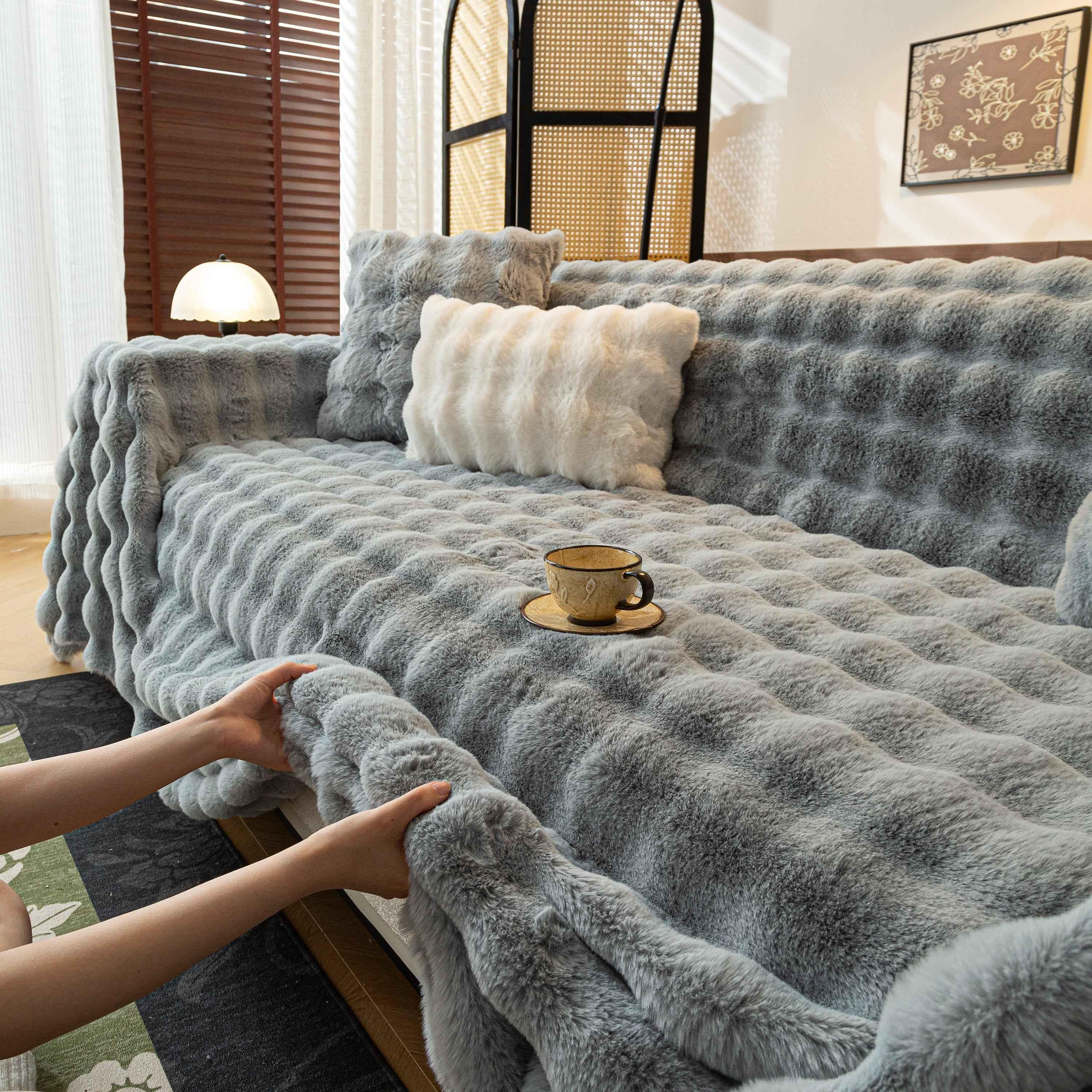 Thick Faux Fur Sofa Cover Fluffy Plush Warm Sofa Slipcover Furniture Protector for Couch Bed - TaroTextile