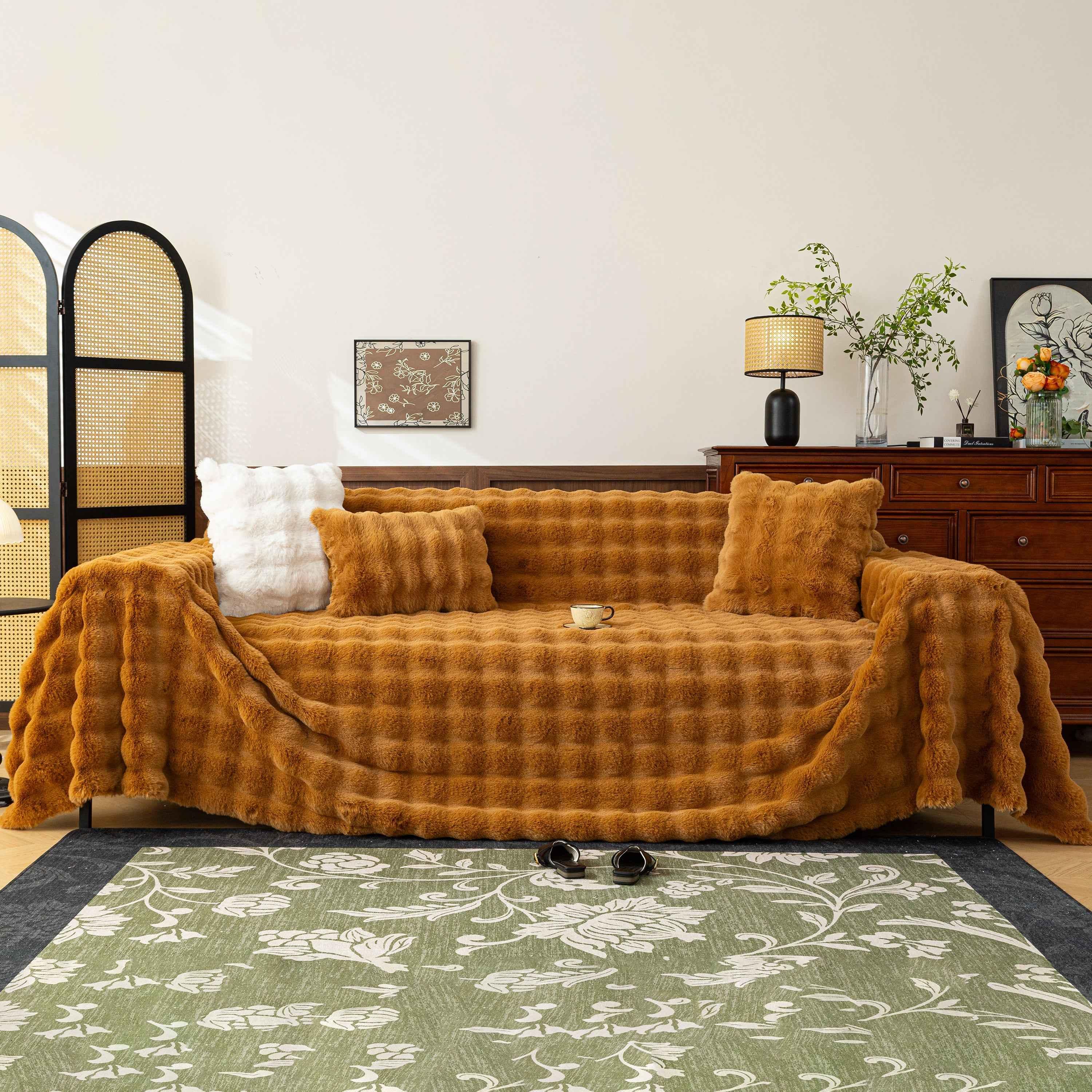 Thick Faux Fur Sofa Cover Fluffy Plush Warm Sofa Slipcover Furniture Protector for Couch Bed - TaroTextile