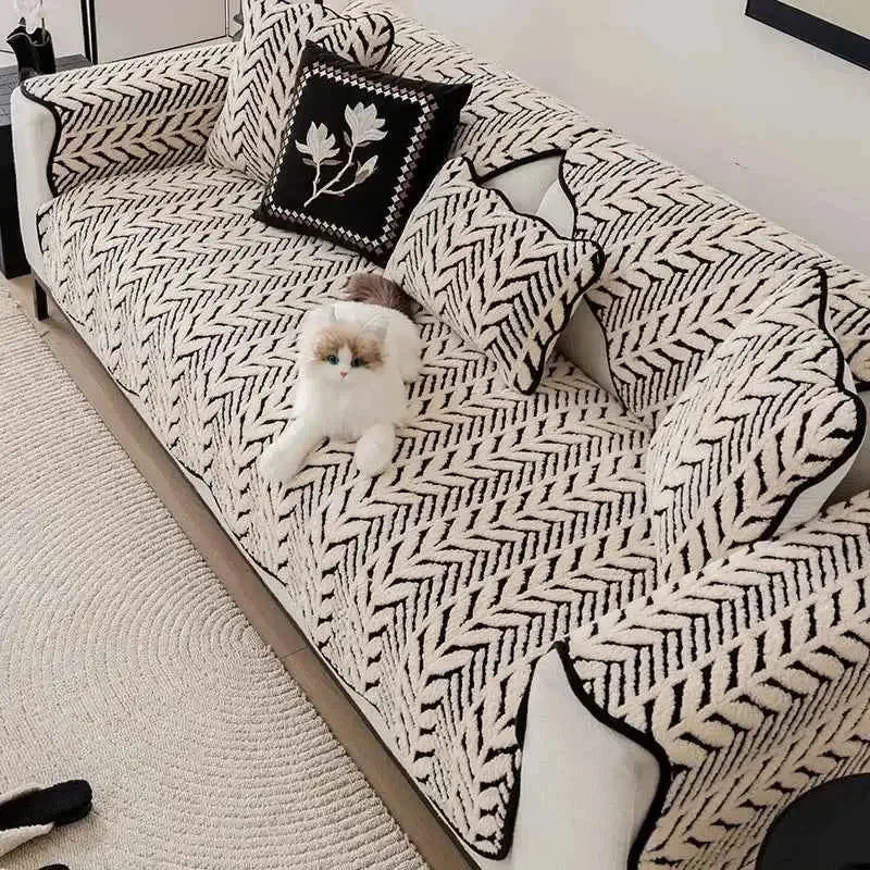 Thicken Stripe Plush Sofa Cover Cozy Warm Anti-slip Cushion Cover - TaroTextile