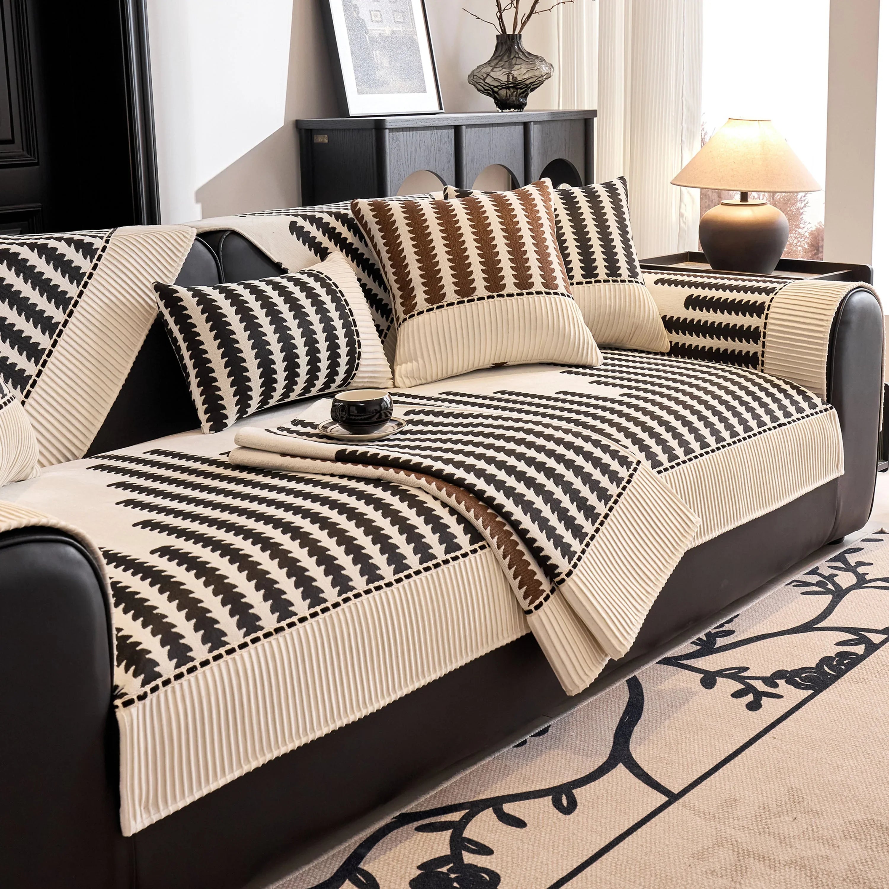 Vertical Stripes Sectional Sofa Cover Slipcover - Non-Slip, Fits L-Shape Couches - TaroTextile