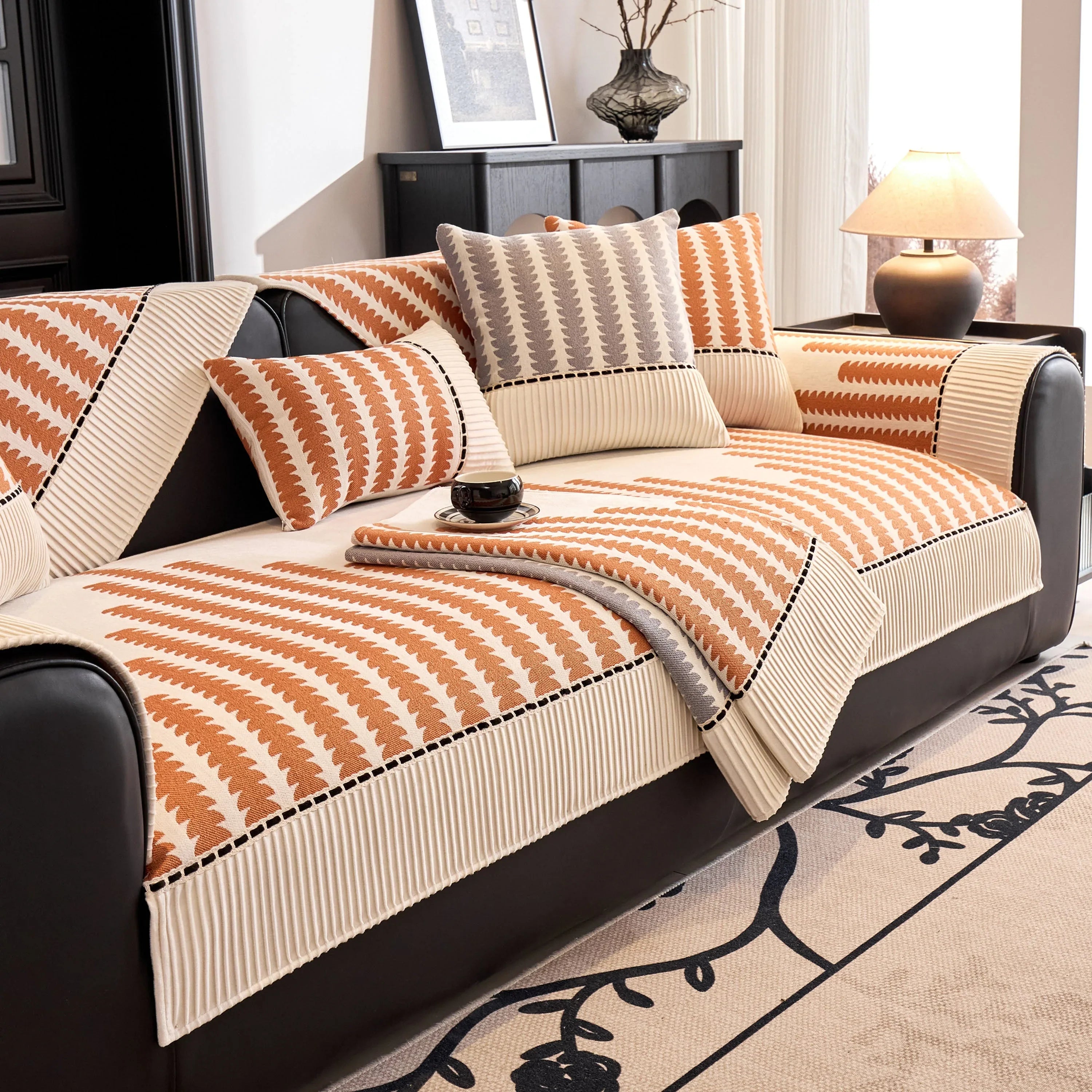 Vertical Stripes Sectional Sofa Cover Slipcover - Non-Slip, Fits L-Shape Couches - TaroTextile