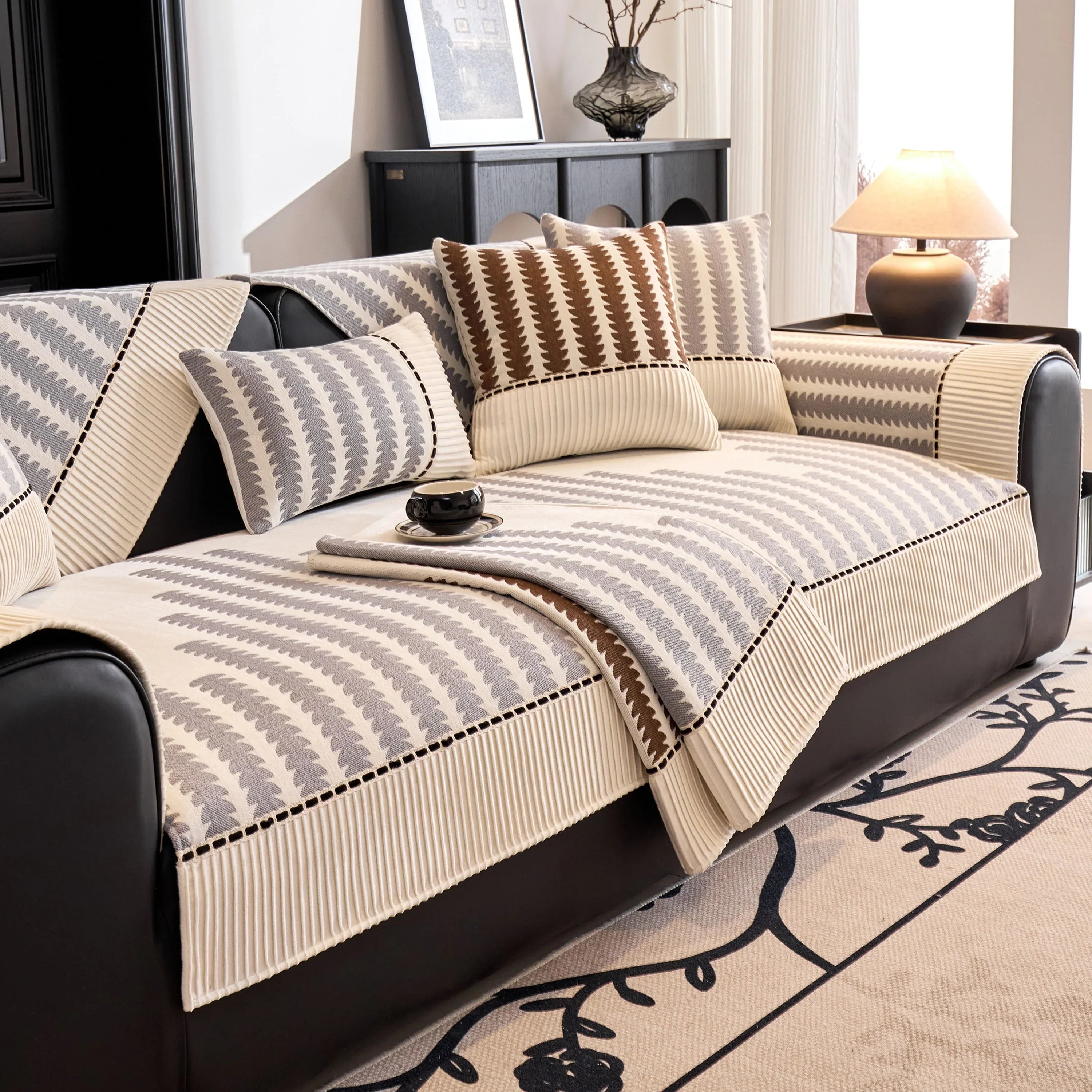 Vertical Stripes Sectional Sofa Cover Slipcover - Non-Slip, Fits L-Shape Couches - TaroTextile