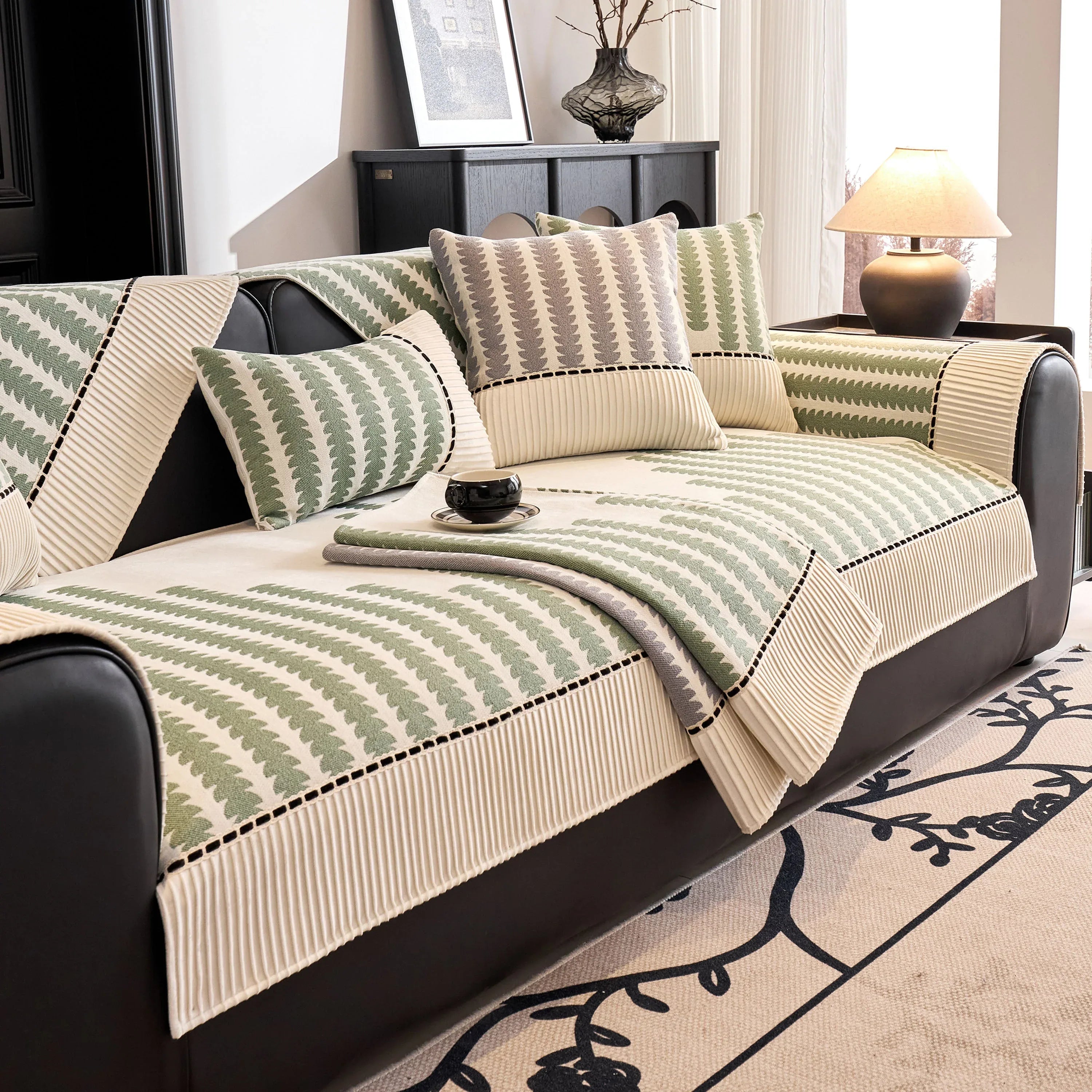 Vertical Stripes Sectional Sofa Cover Slipcover - Non-Slip, Fits L-Shape Couches - TaroTextile