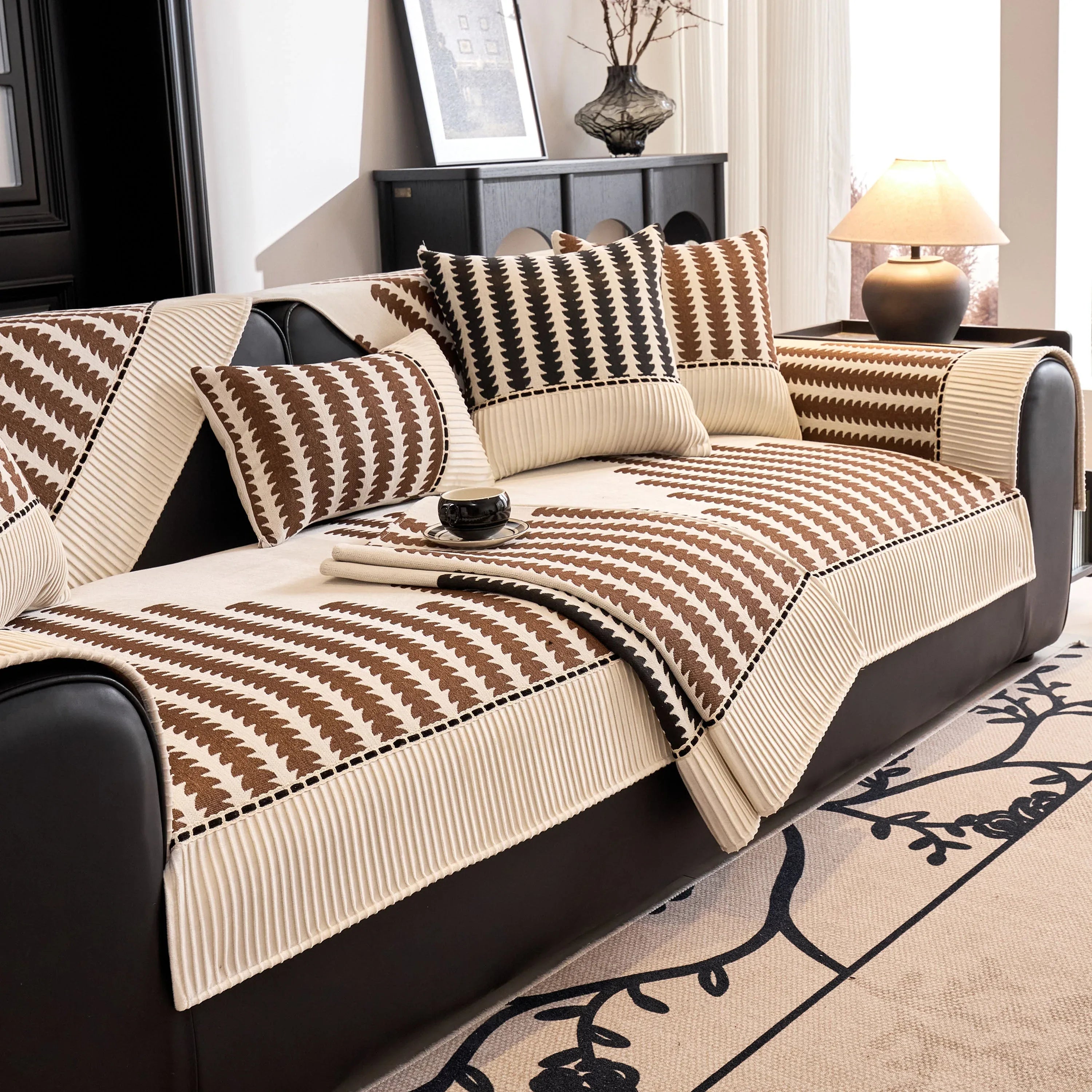 Vertical Stripes Sectional Sofa Cover Slipcover - Non-Slip, Fits L-Shape Couches - TaroTextile