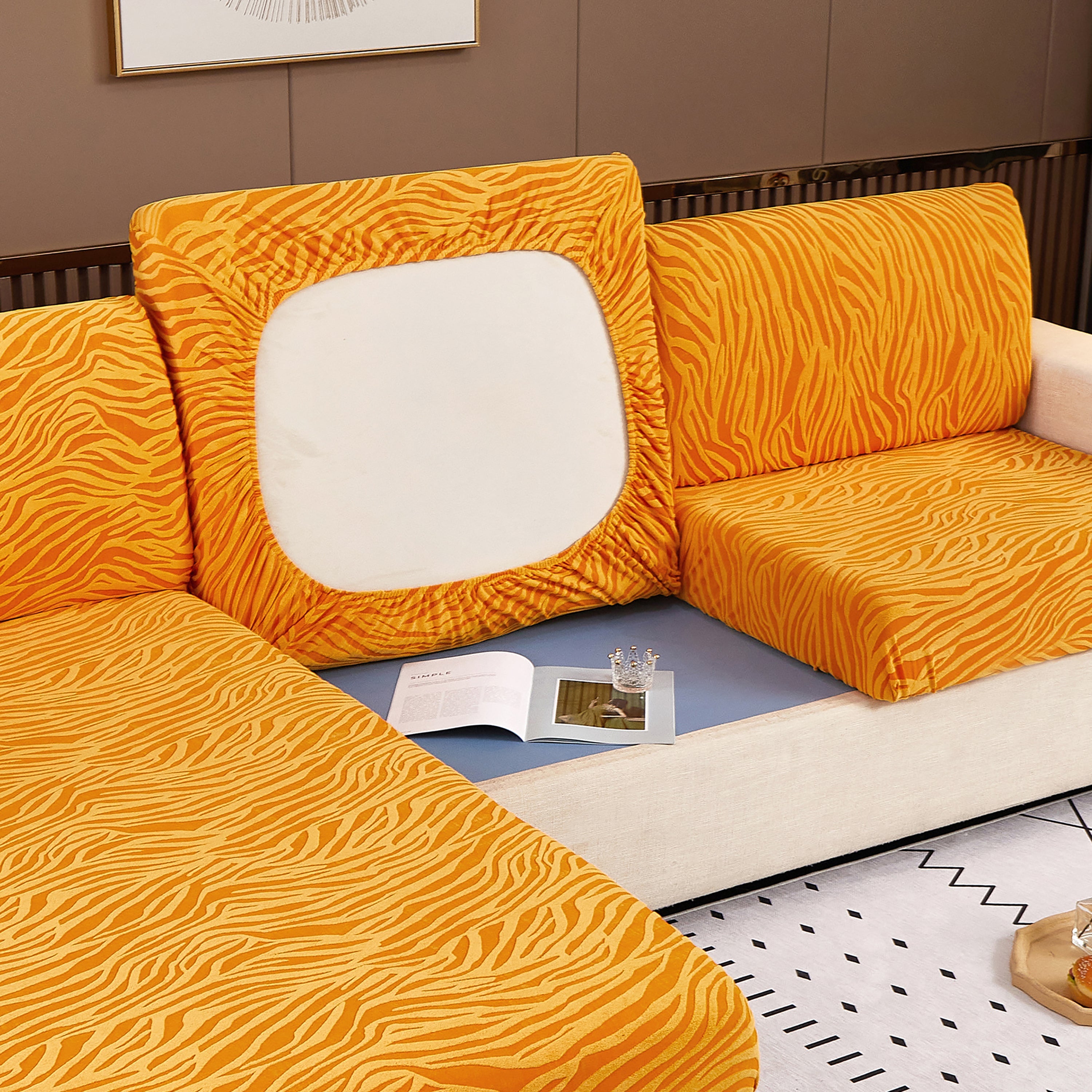 Striped Jacquard Fleece Furniture Covers Stretchable Non-Slip Cushion Covers for L-Shaped Couch, Pets