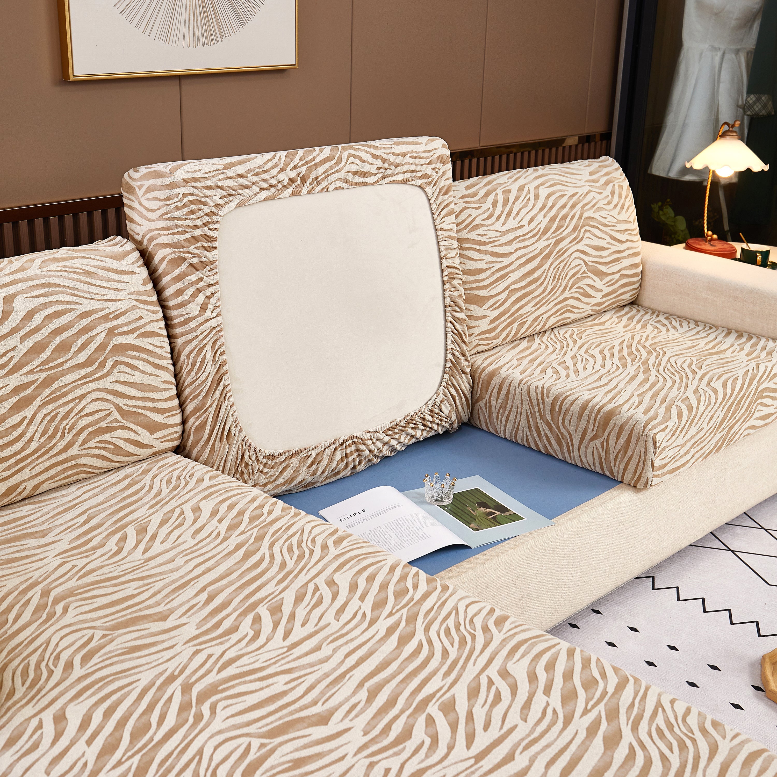 Striped Jacquard Fleece Furniture Covers Stretchable Non-Slip Cushion Covers for L-Shaped Couch, Pets