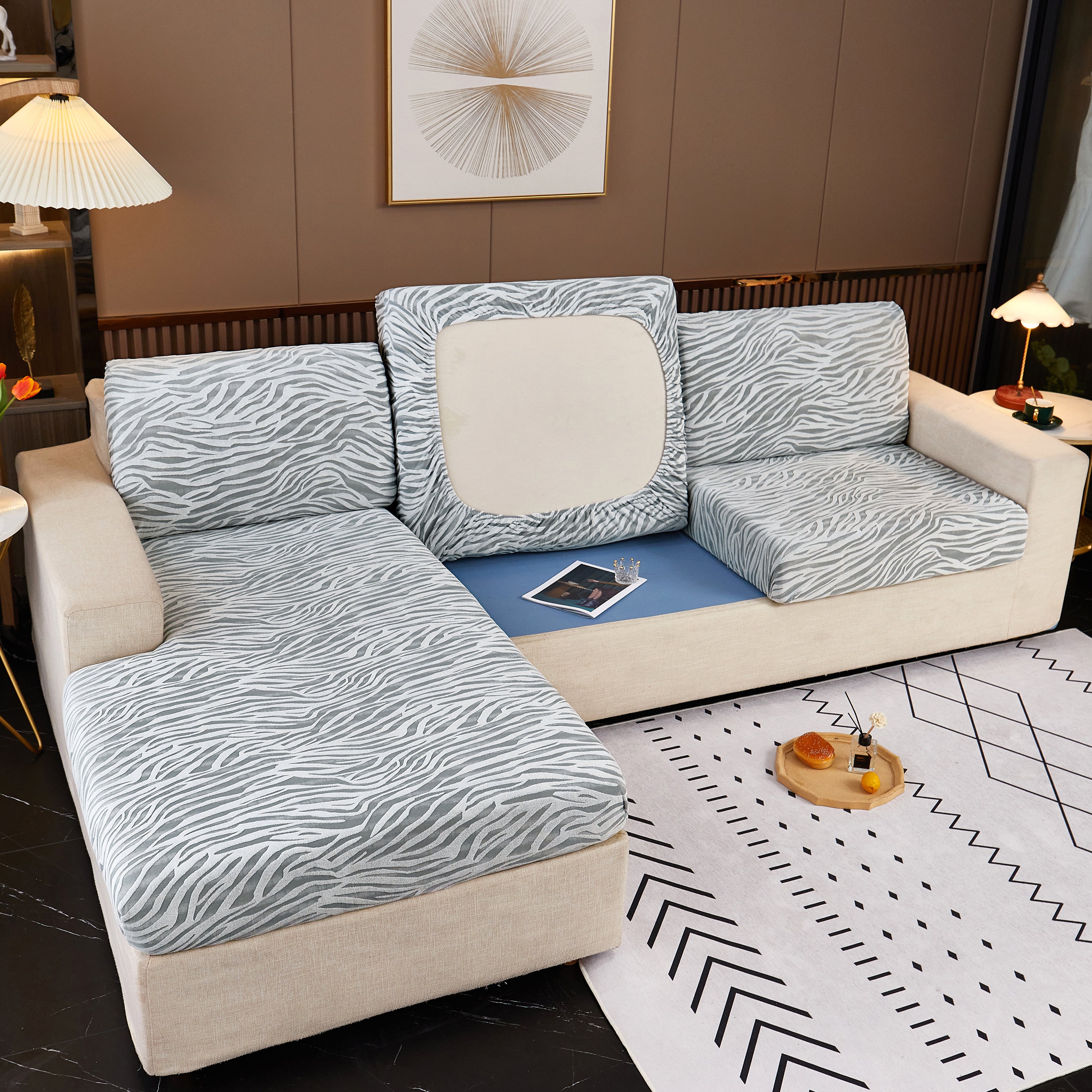 Striped Jacquard Fleece Furniture Covers Stretchable Non-Slip Cushion Covers for L-Shaped Couch, Pets