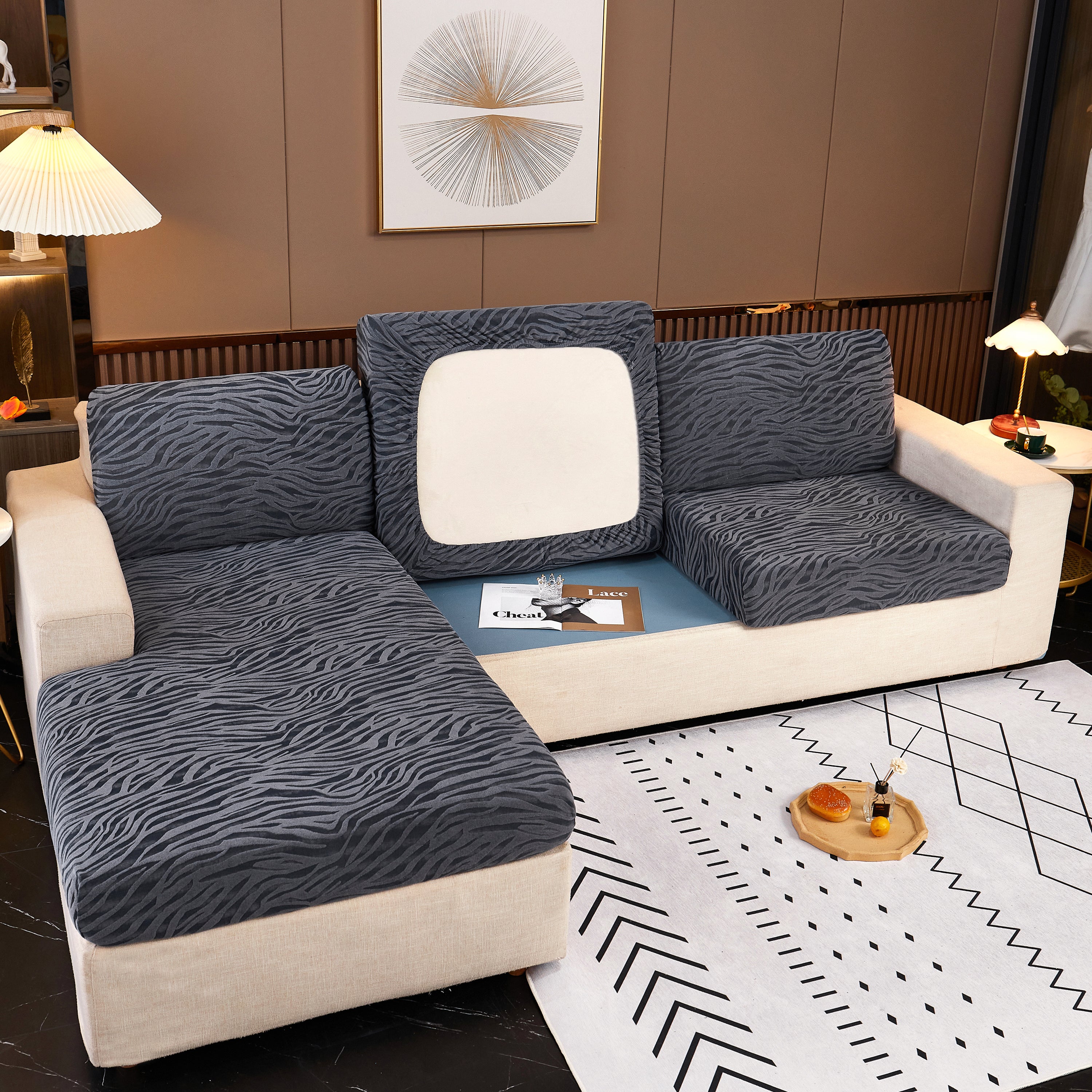 Striped Jacquard Fleece Furniture Covers Stretchable Non-Slip Cushion Covers for L-Shaped Couch, Pets