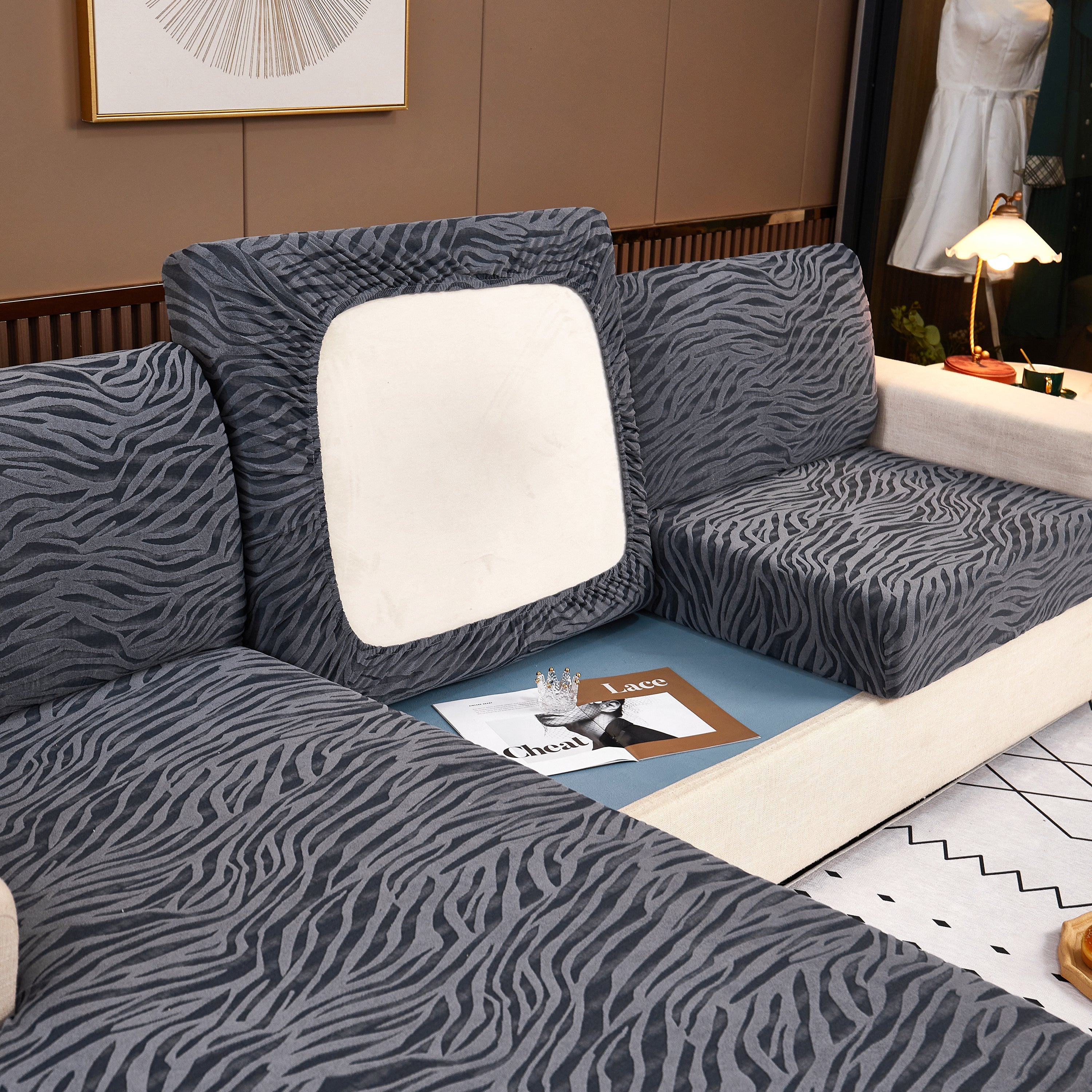 Striped Jacquard Fleece Furniture Covers Stretchable Non-Slip Cushion Covers for L-Shaped Couch, Pets