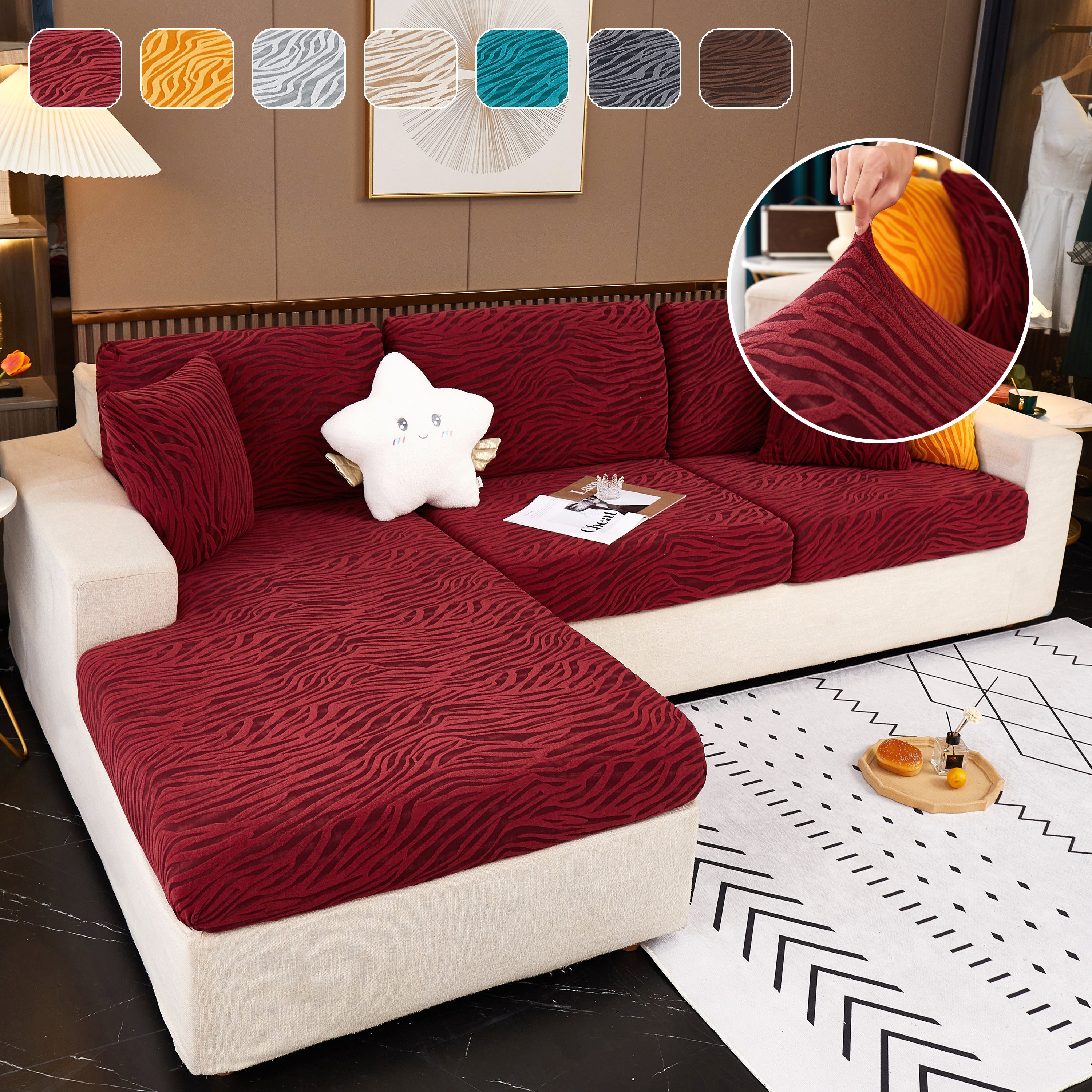 Striped Jacquard Fleece Furniture Covers Stretchable Non-Slip Cushion Covers for L-Shaped Couch, Pets