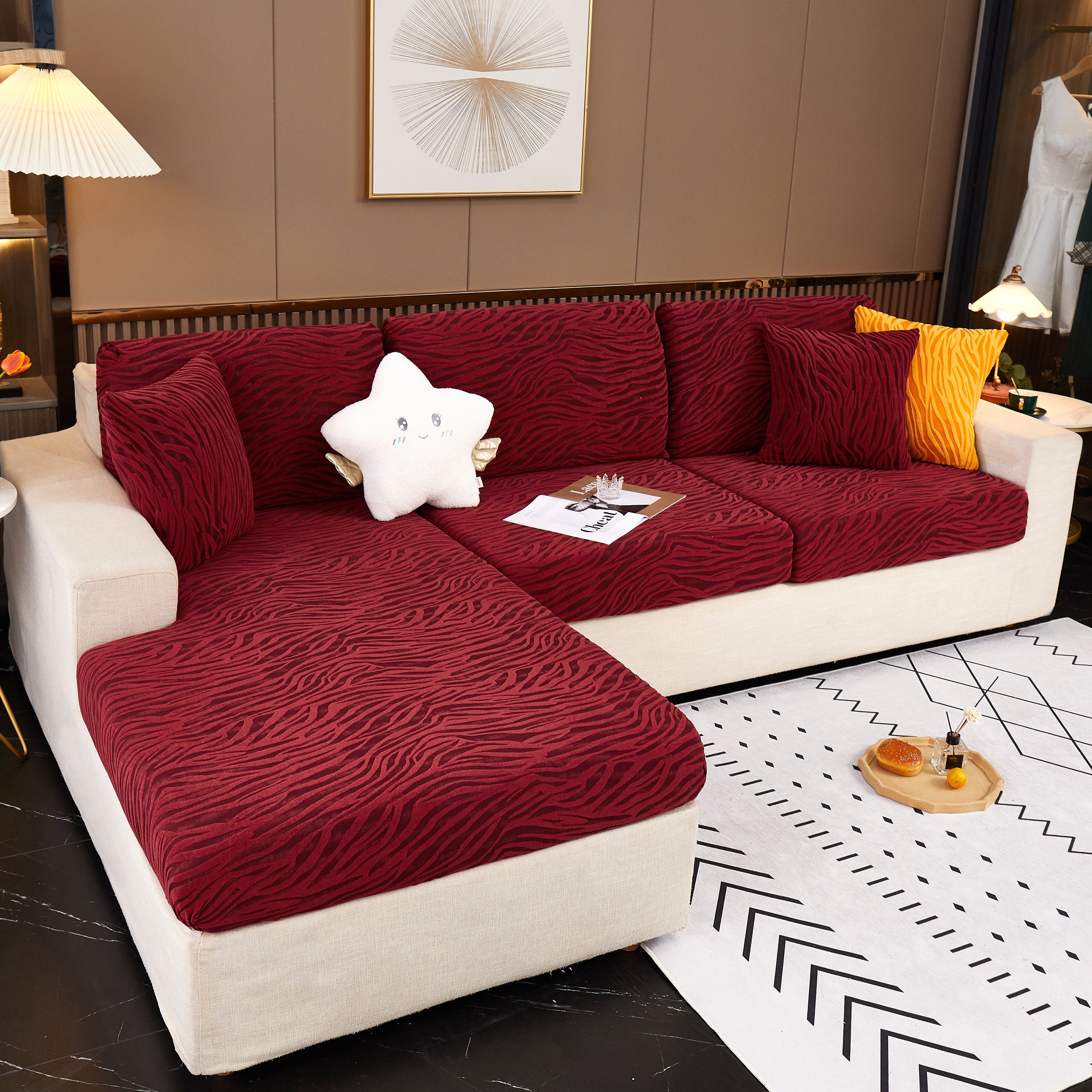 Striped Jacquard Fleece Furniture Covers Stretchable Non-Slip Cushion Covers for L-Shaped Couch, Pets