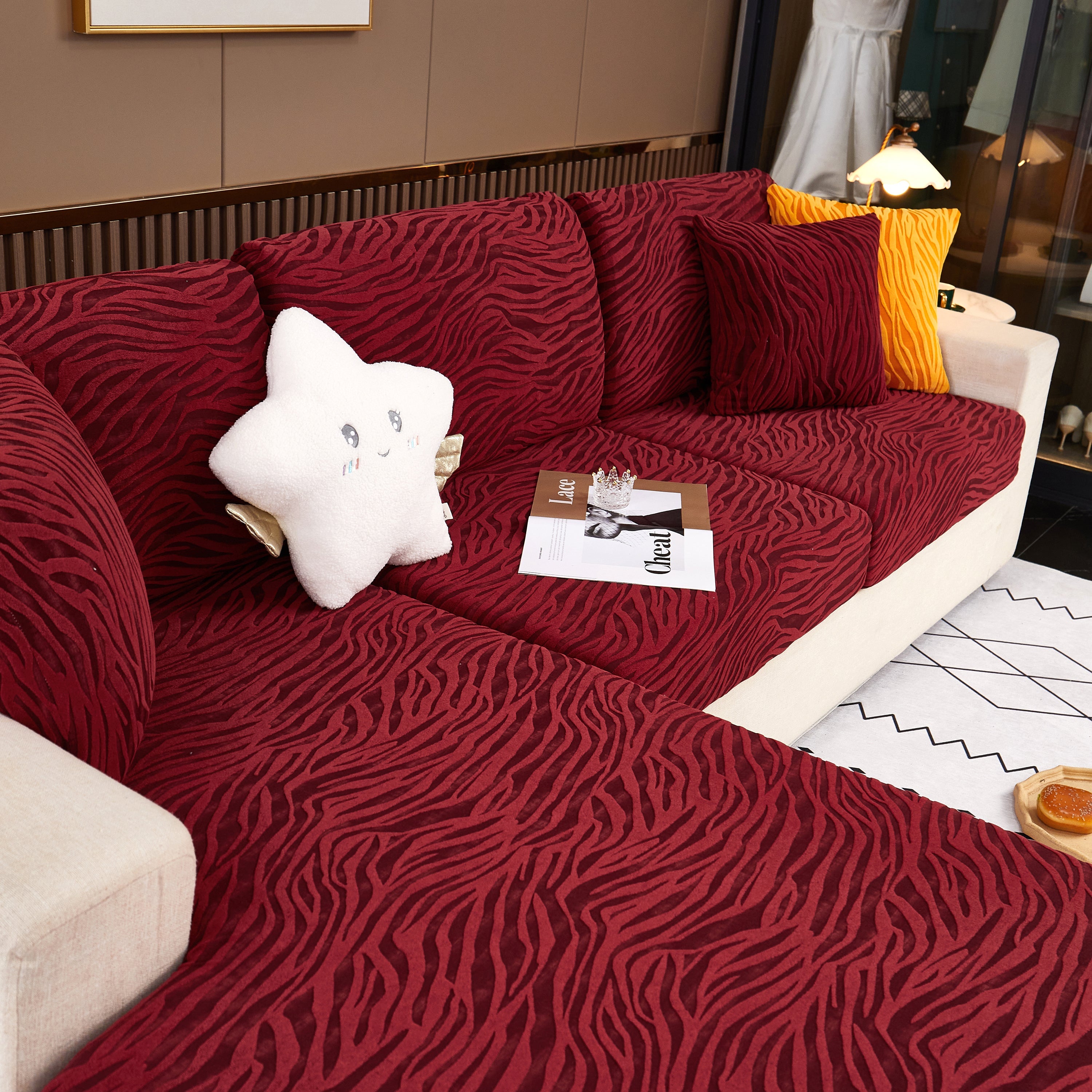 Striped Jacquard Fleece Furniture Covers Stretchable Non-Slip Cushion Covers for L-Shaped Couch, Pets