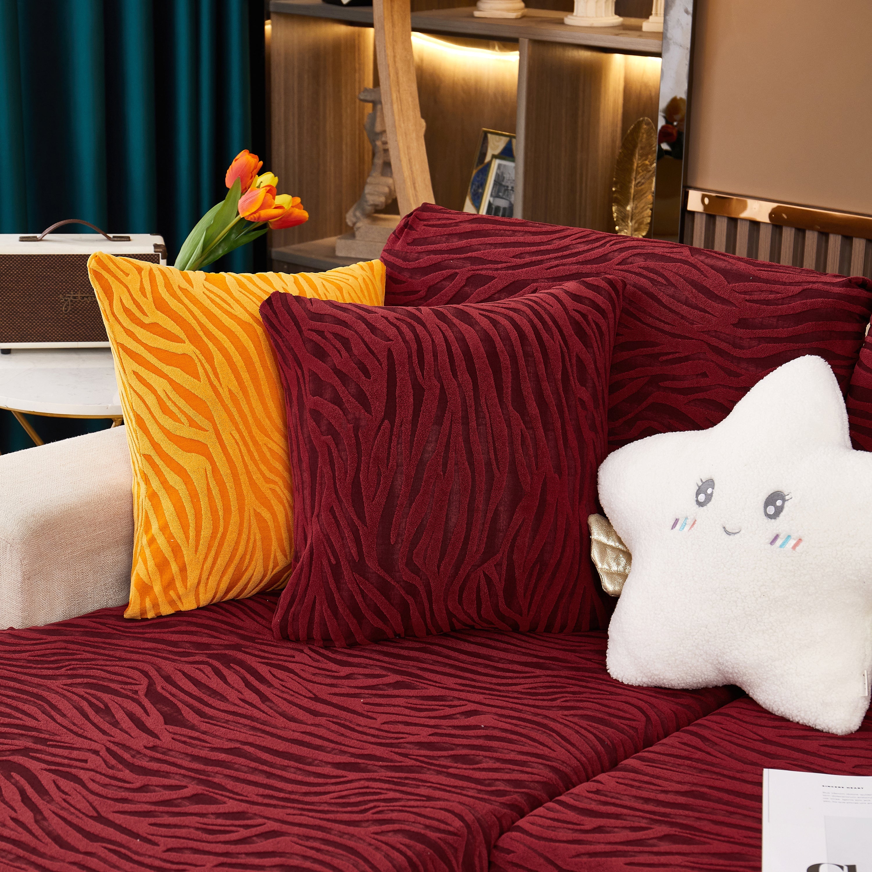 Striped Jacquard Fleece Furniture Covers Stretchable Non-Slip Cushion Covers for L-Shaped Couch, Pets