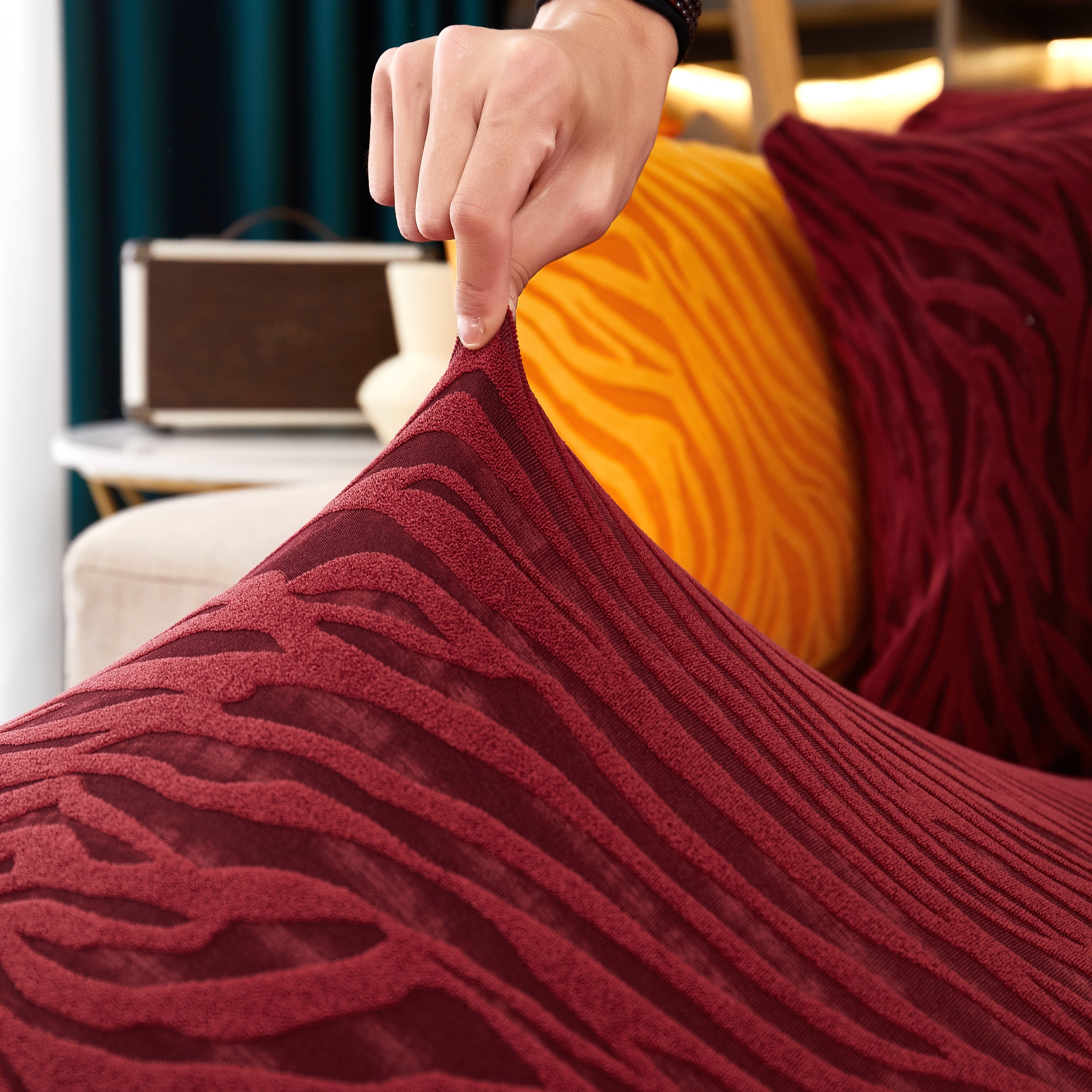 Striped Jacquard Fleece Furniture Covers Stretchable Non-Slip Cushion Covers for L-Shaped Couch, Pets