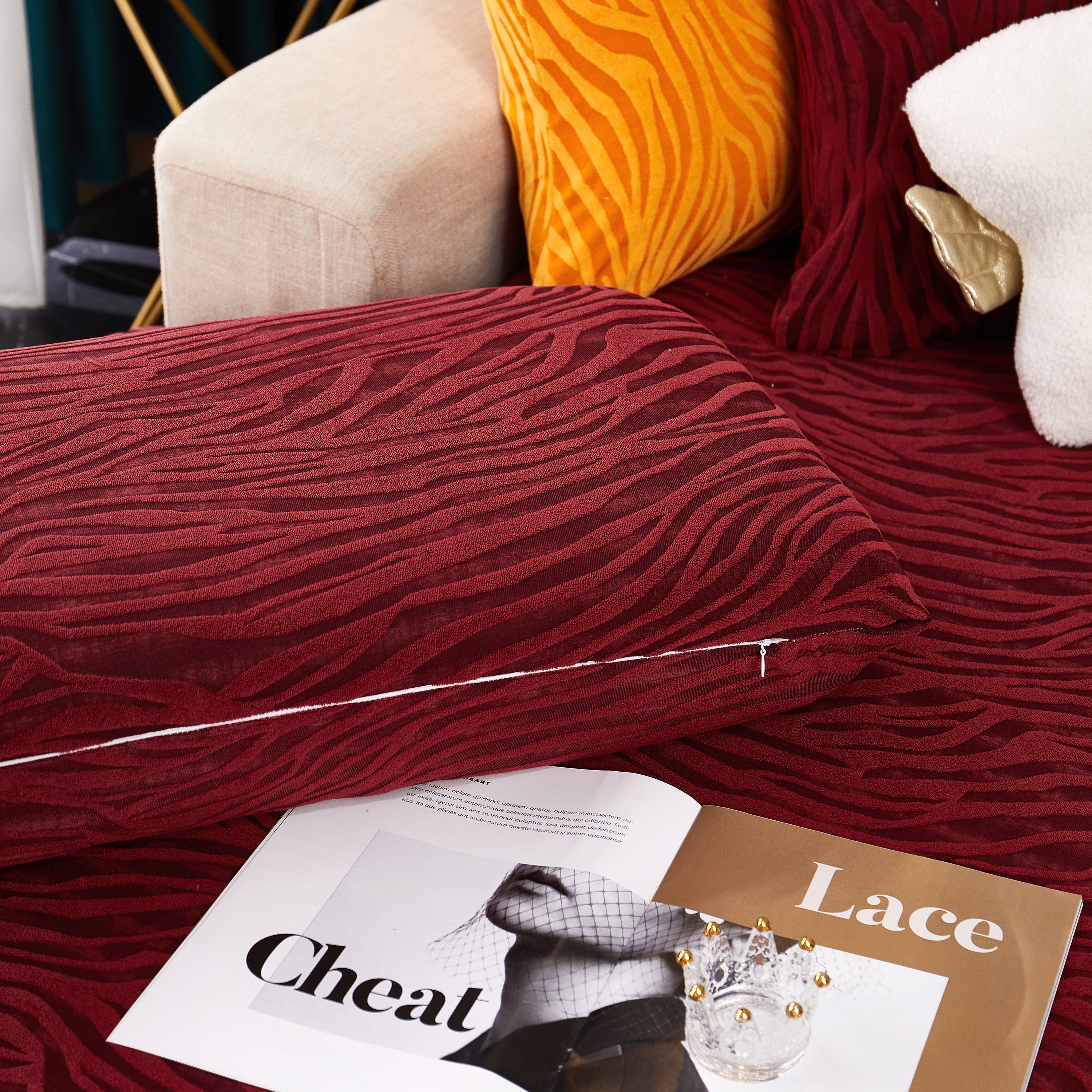 Striped Jacquard Fleece Furniture Covers Stretchable Non-Slip Cushion Covers for L-Shaped Couch, Pets