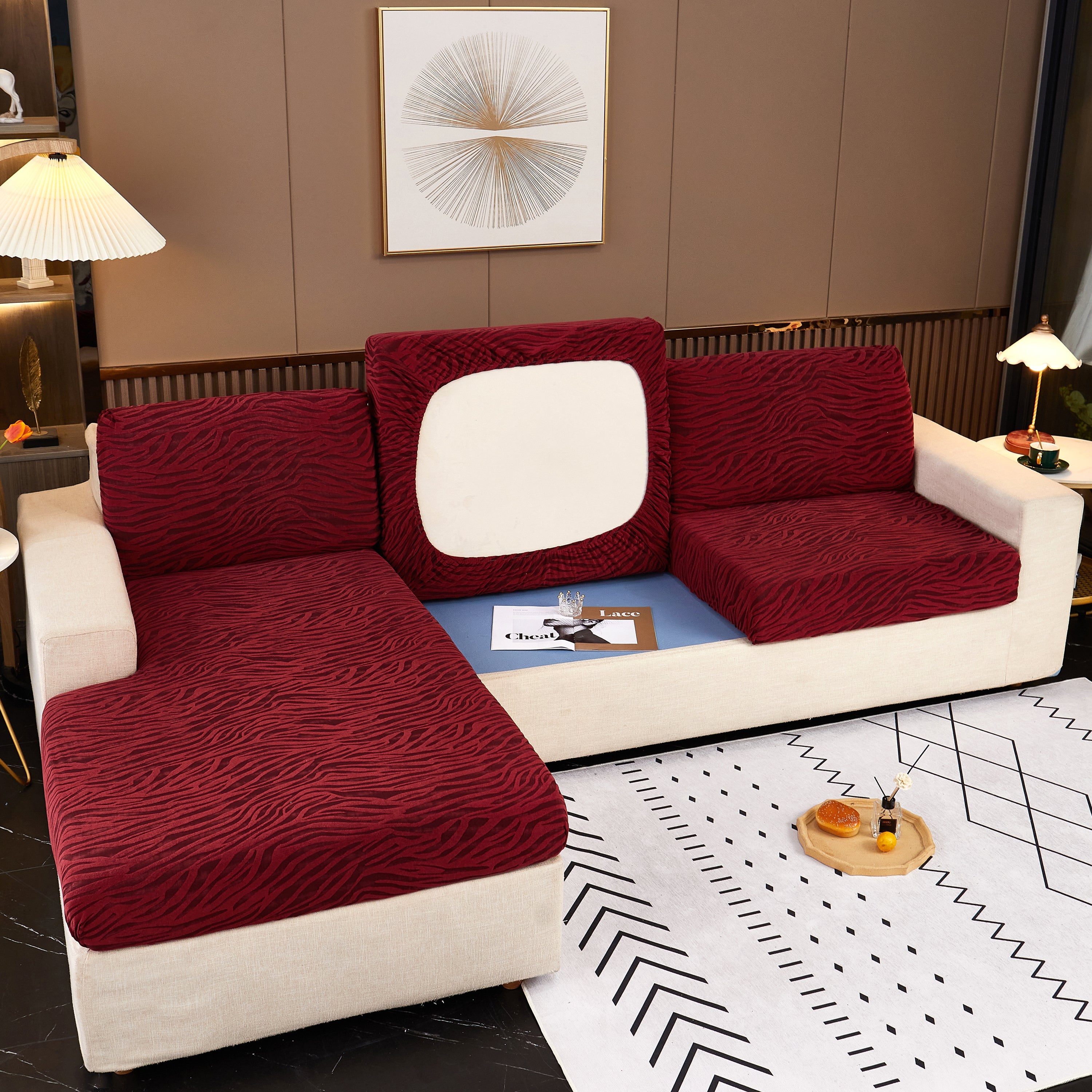 Striped Jacquard Fleece Furniture Covers Stretchable Non-Slip Cushion Covers for L-Shaped Couch, Pets