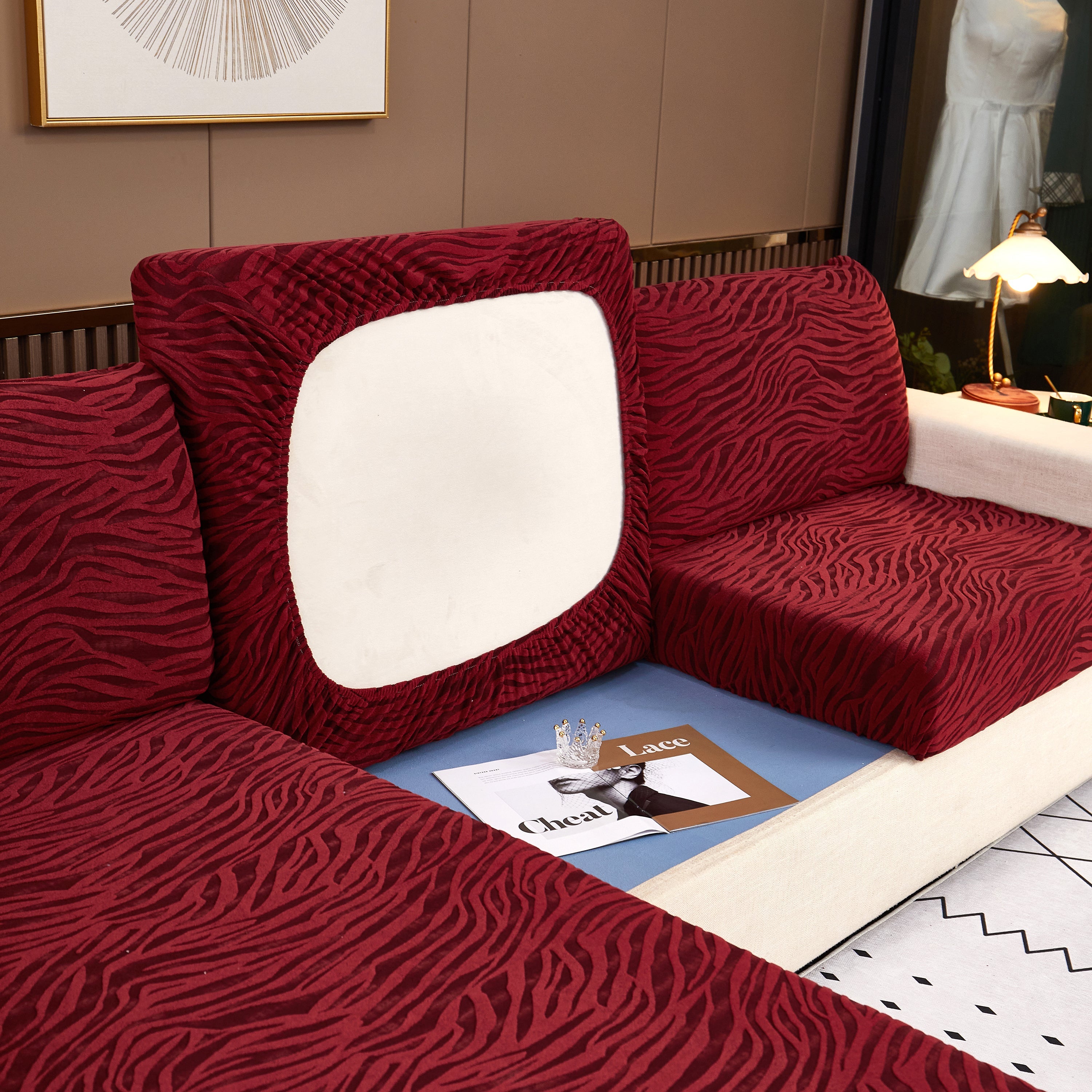 Striped Jacquard Fleece Furniture Covers Stretchable Non-Slip Cushion Covers for L-Shaped Couch, Pets