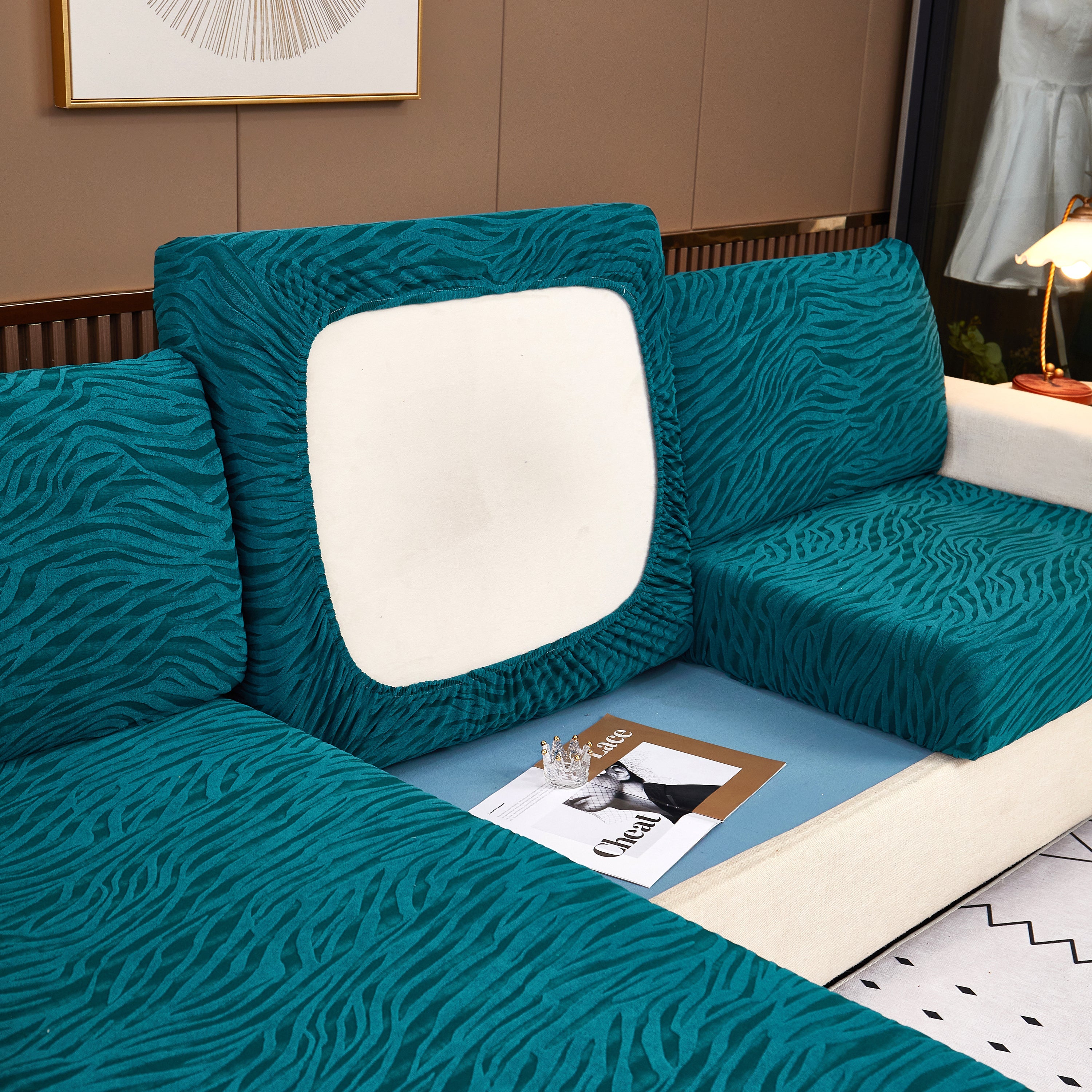Striped Jacquard Fleece Furniture Covers Stretchable Non-Slip Cushion Covers for L-Shaped Couch, Pets