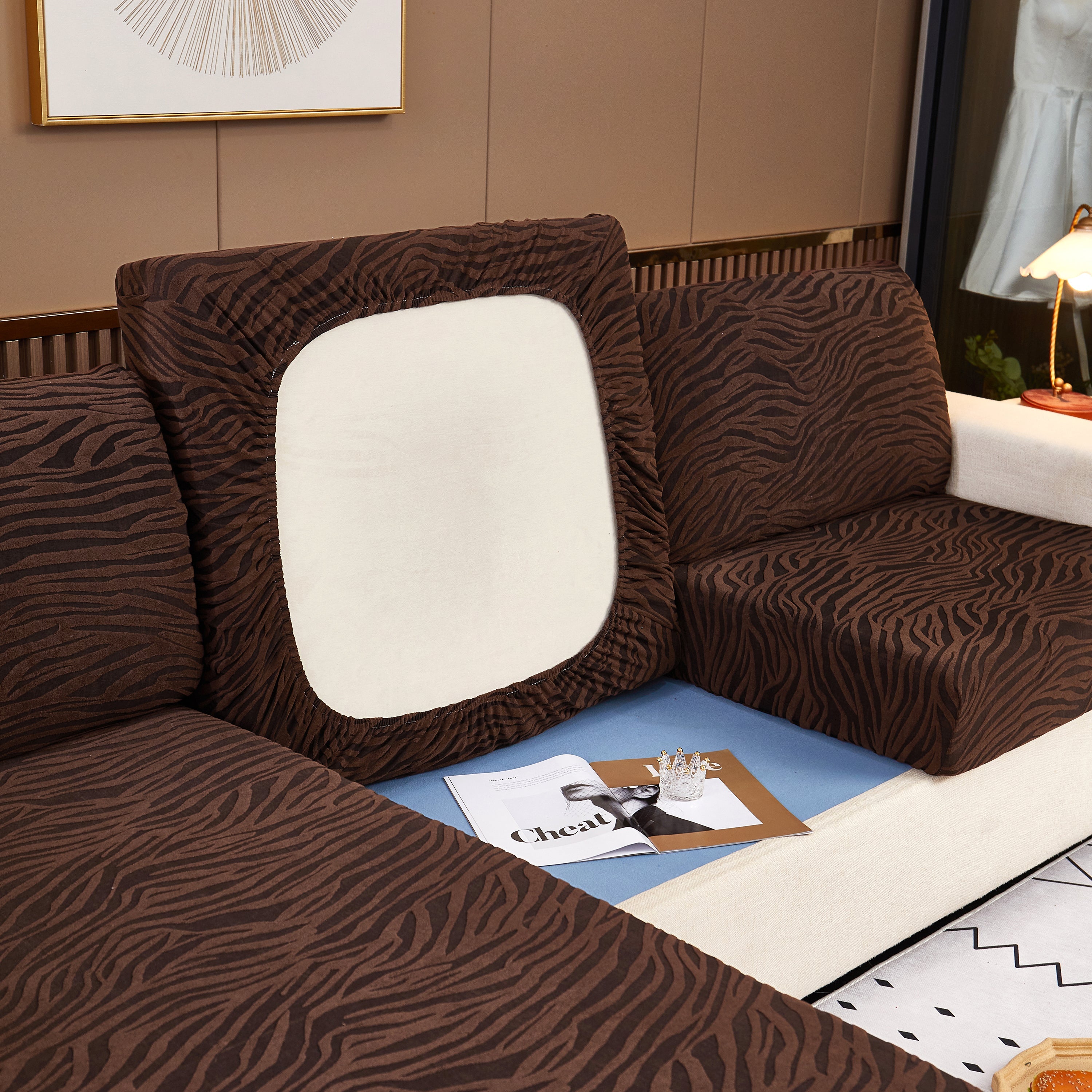 Striped Jacquard Fleece Furniture Covers Stretchable Non-Slip Cushion Covers for L-Shaped Couch, Pets