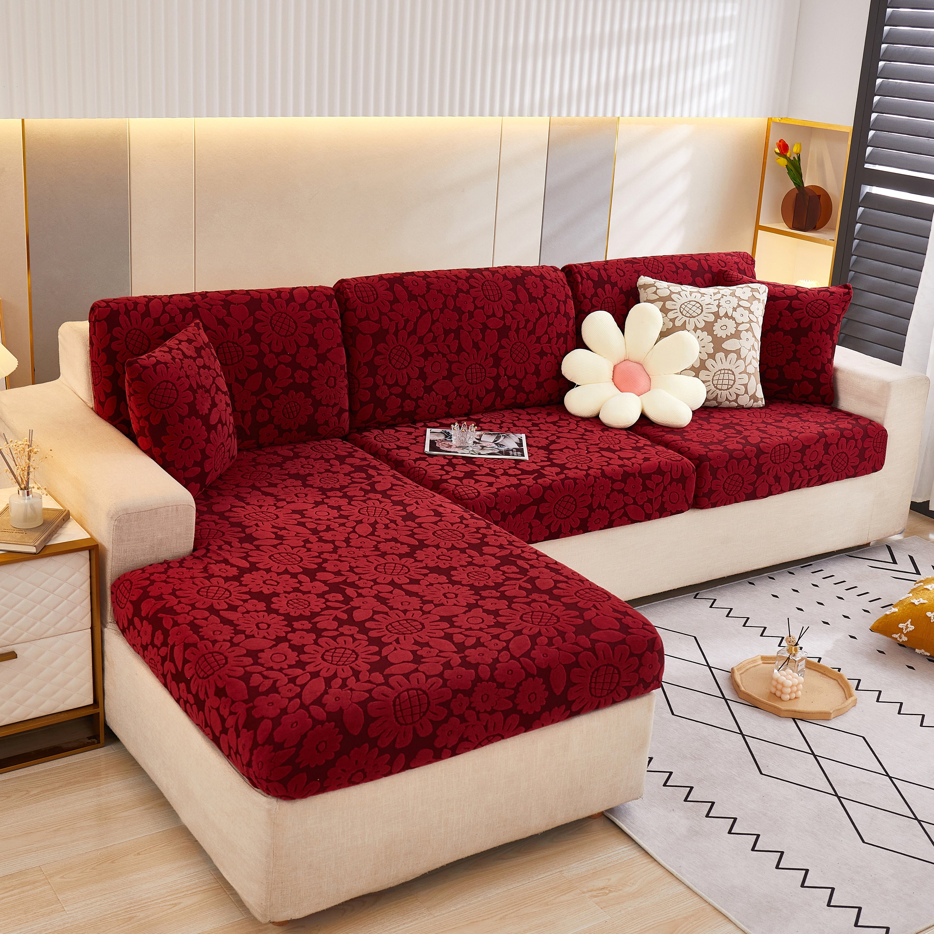 Flower Pattern Jacquard Fleece Stretch Sofa Cover, Non-Slip L-Shaped Couch Cushion Covers for Pets