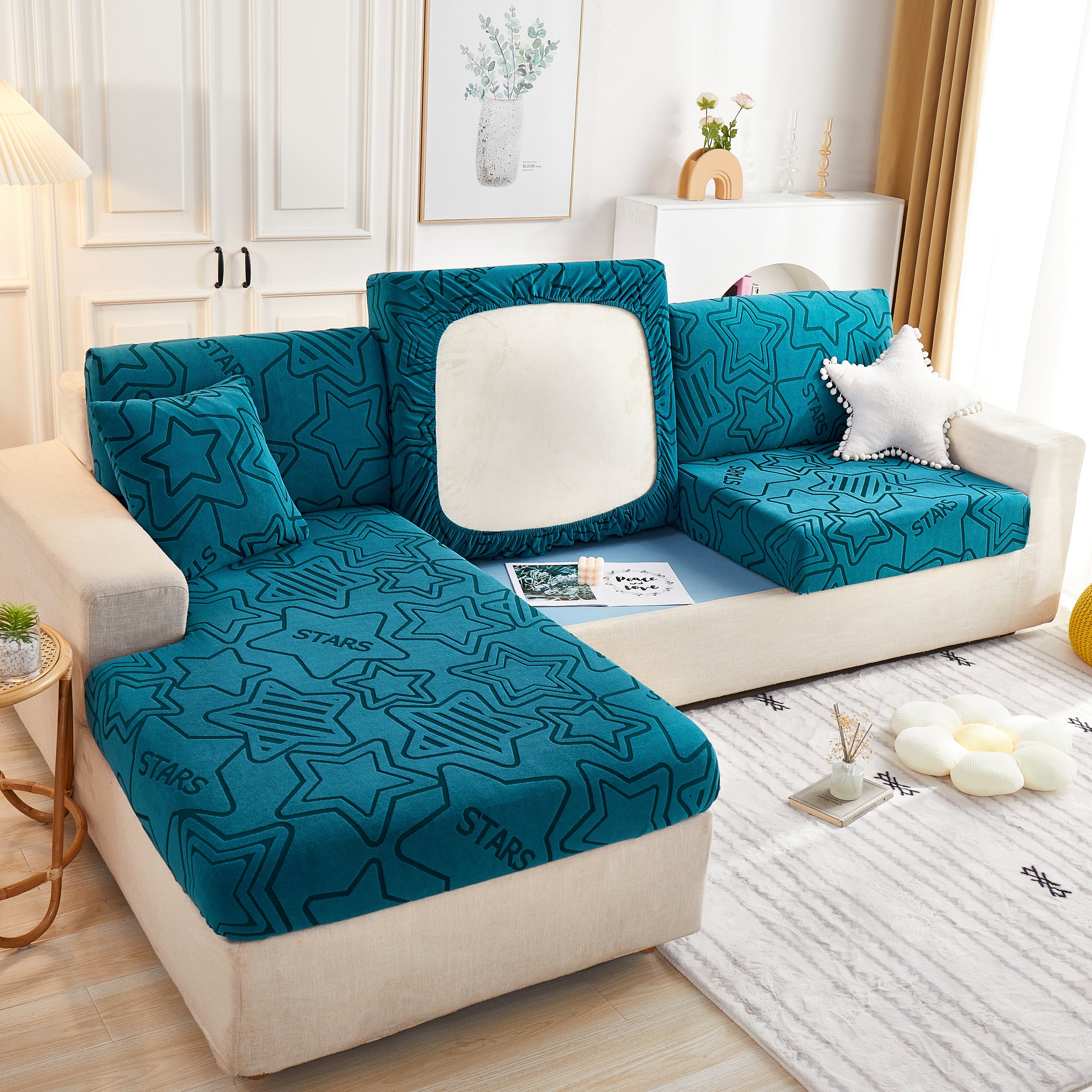 Starry Sky Jacquard Fleece Stretchable Non-Slip Cushion Covers Furniture Covers for L-Shaped Couch
