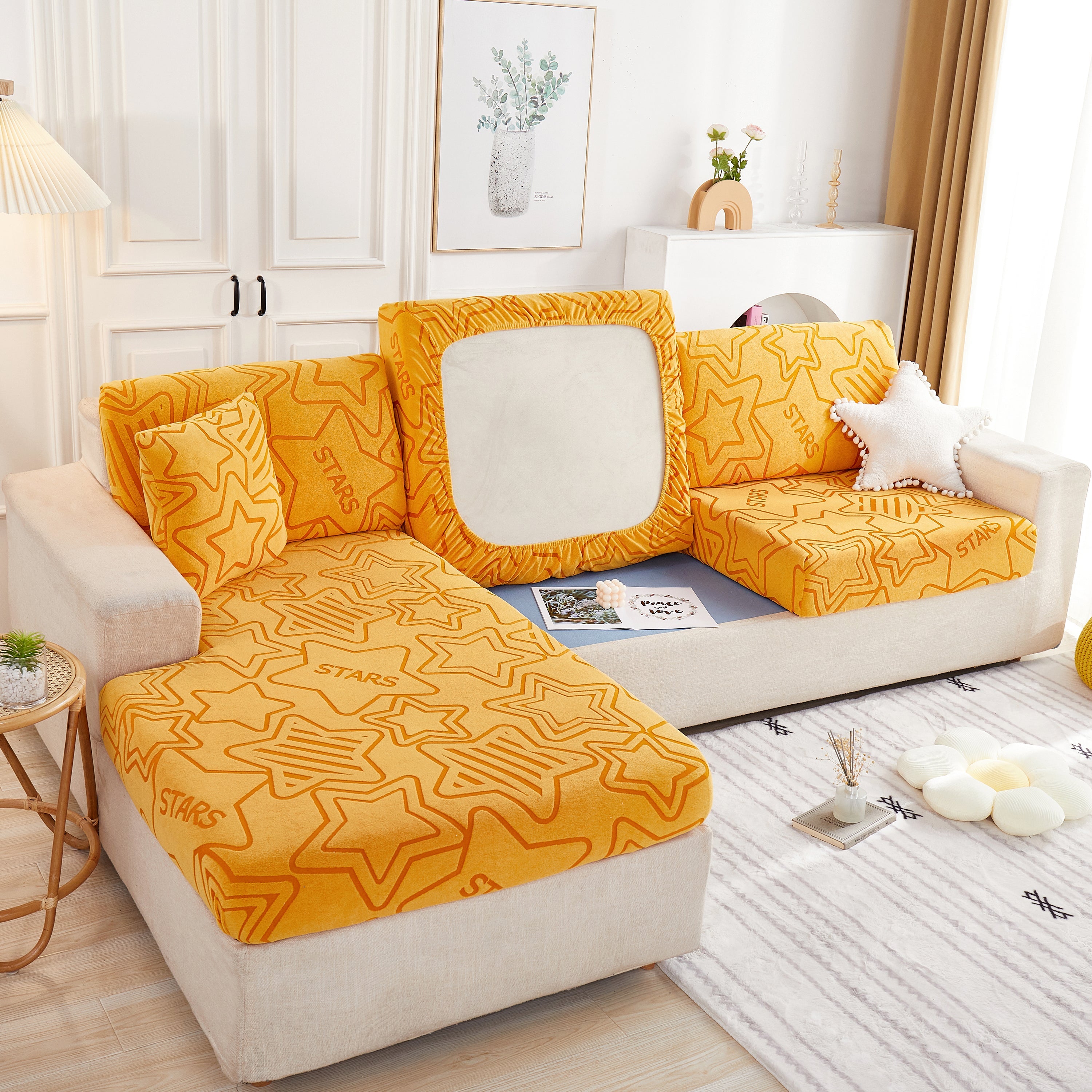 Starry Sky Jacquard Fleece Stretchable Non-Slip Cushion Covers Furniture Covers for L-Shaped Couch