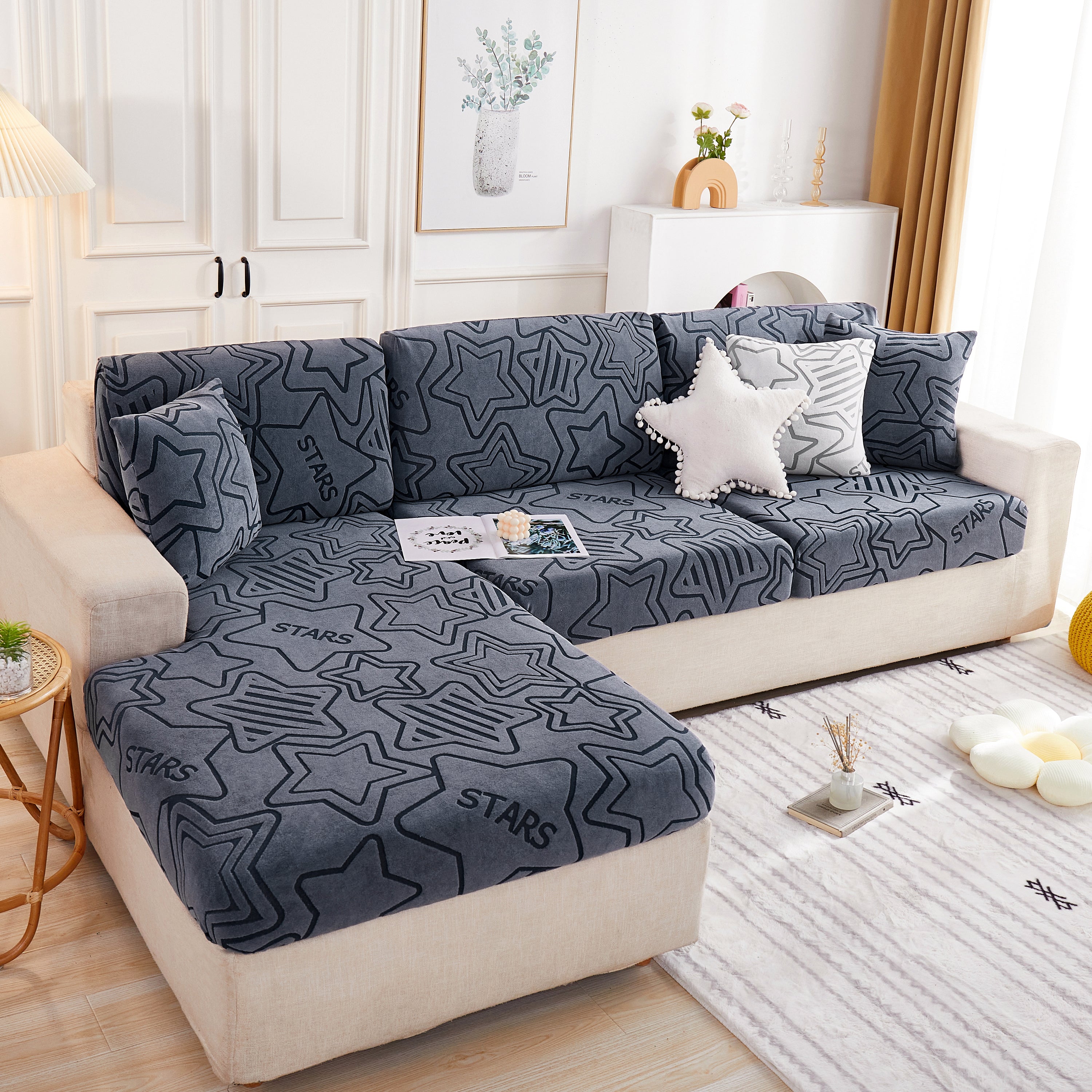 Starry Sky Jacquard Fleece Stretchable Non-Slip Cushion Covers Furniture Covers for L-Shaped Couch