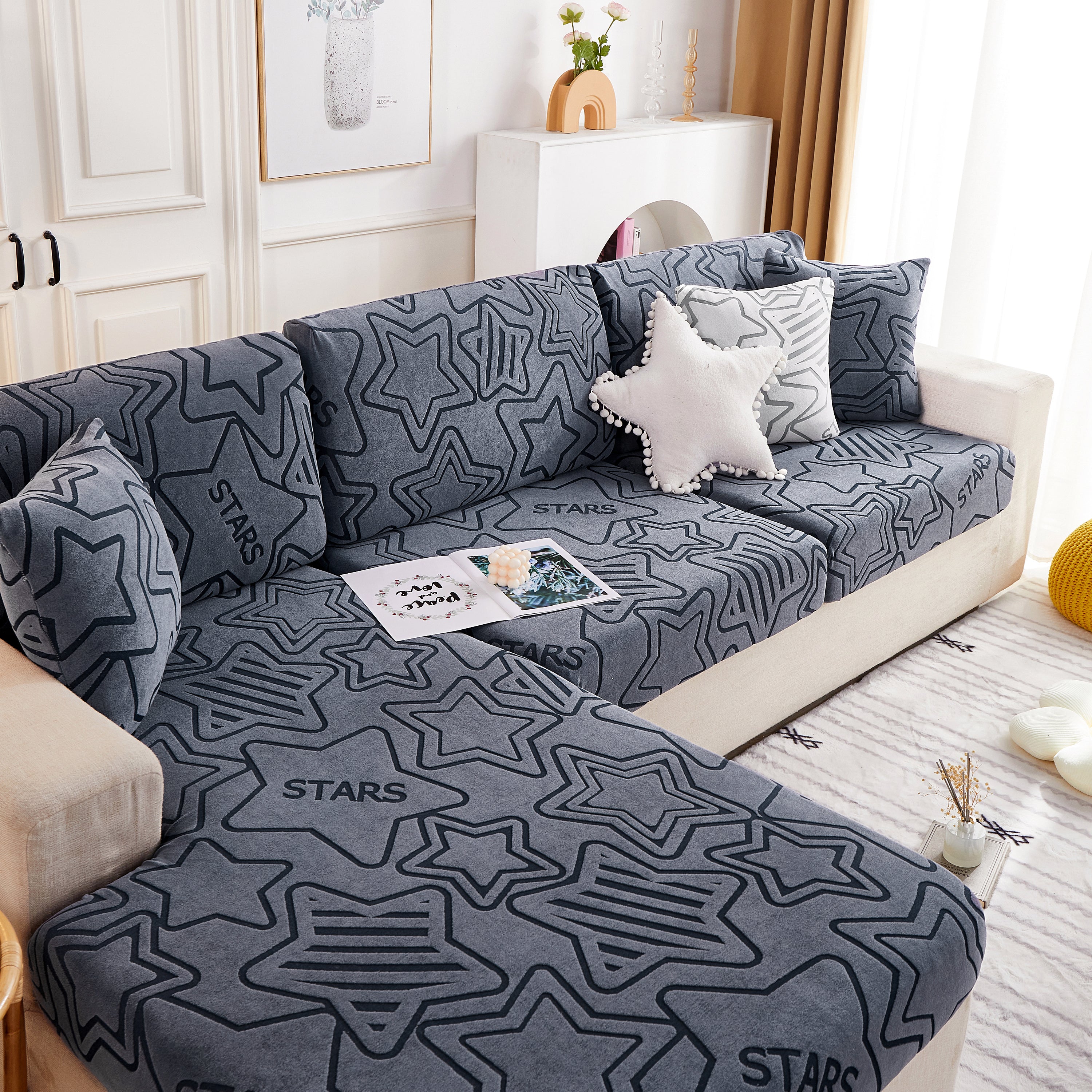 Starry Sky Jacquard Fleece Stretchable Non-Slip Cushion Covers Furniture Covers for L-Shaped Couch