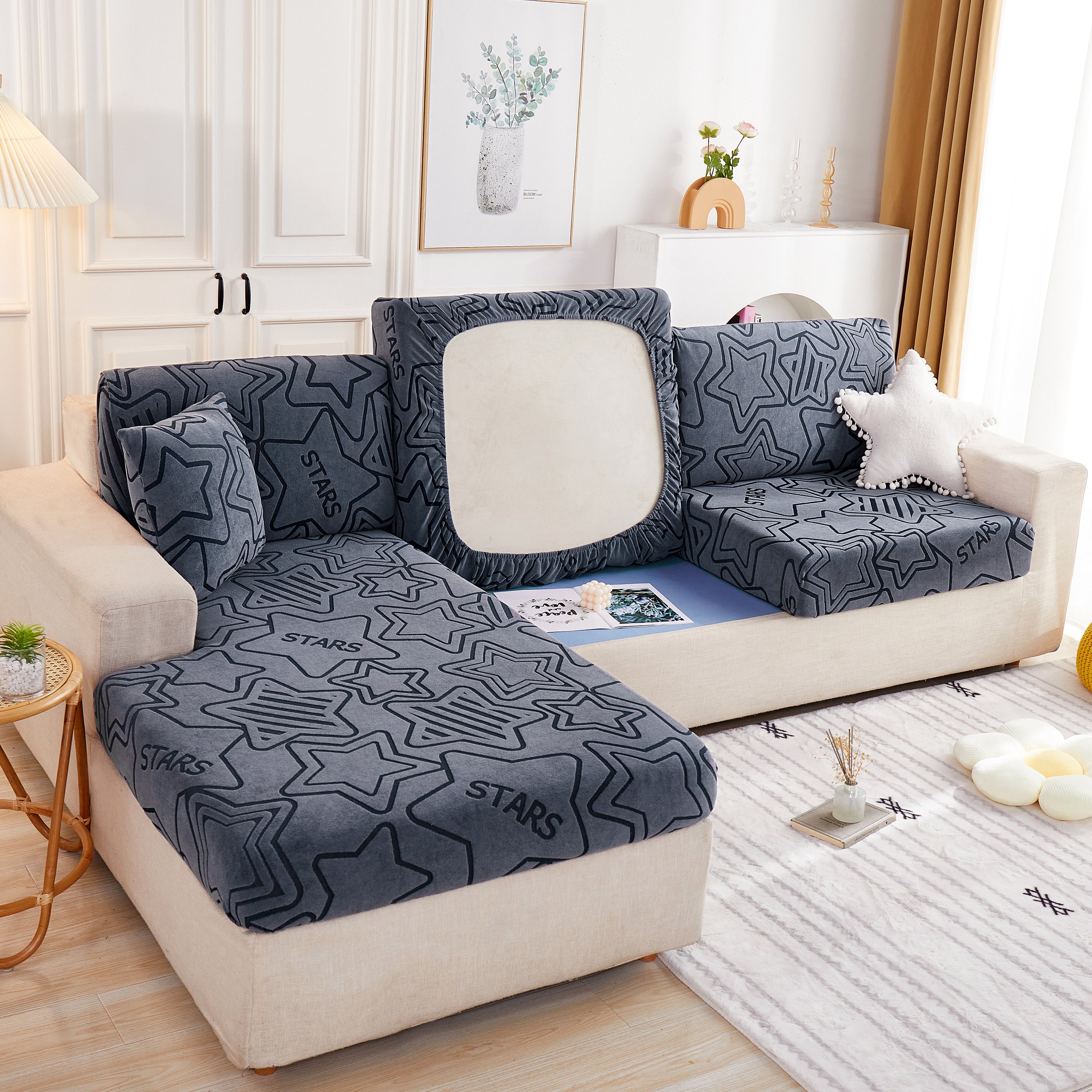 Starry Sky Jacquard Fleece Stretchable Non-Slip Cushion Covers Furniture Covers for L-Shaped Couch