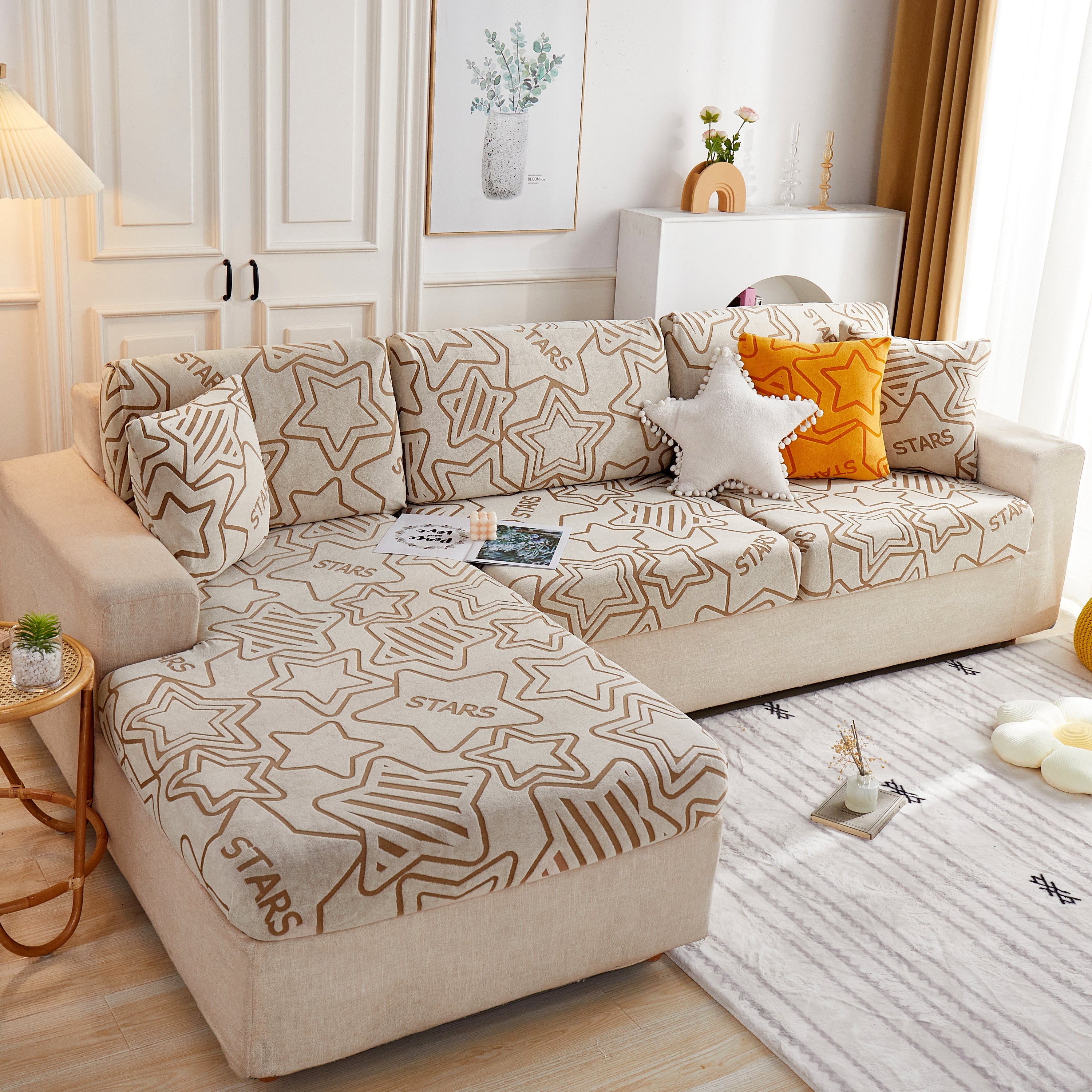 Starry Sky Jacquard Fleece Stretchable Non-Slip Cushion Covers Furniture Covers for L-Shaped Couch