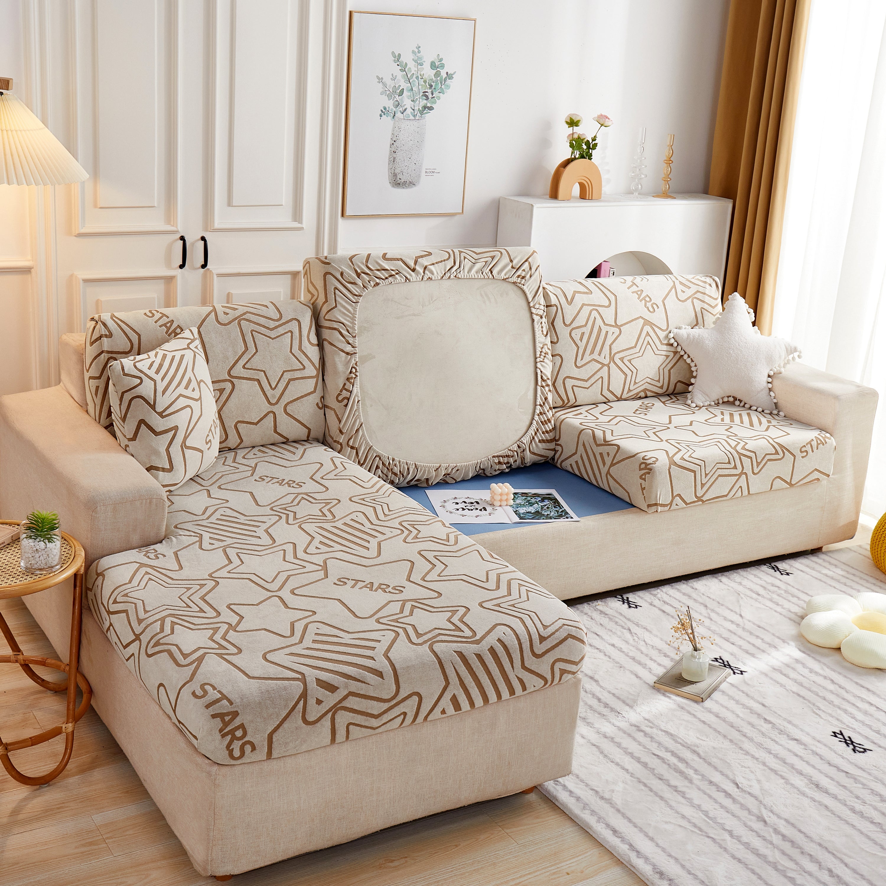 Starry Sky Jacquard Fleece Stretchable Non-Slip Cushion Covers Furniture Covers for L-Shaped Couch