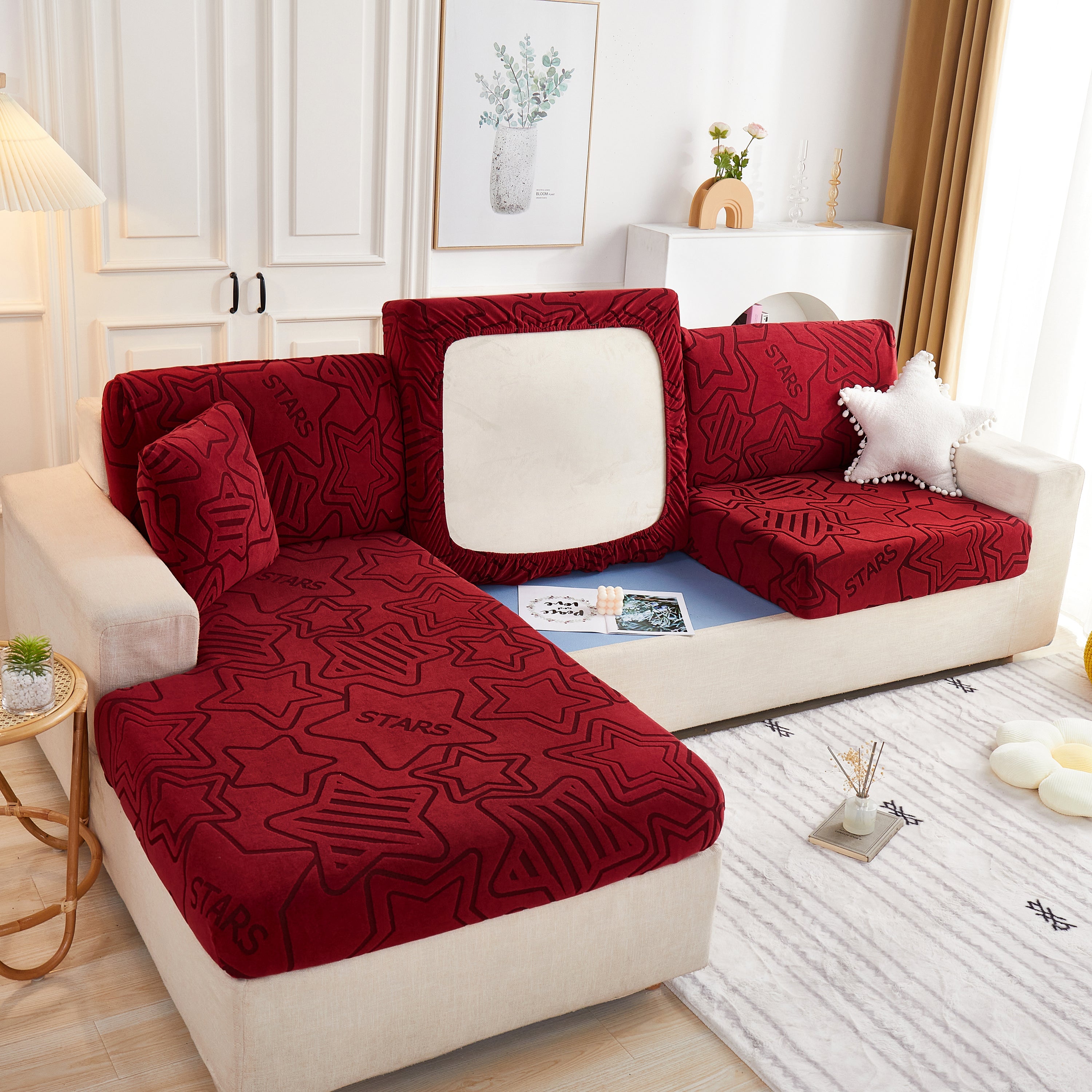Starry Sky Jacquard Fleece Stretchable Non-Slip Cushion Covers Furniture Covers for L-Shaped Couch