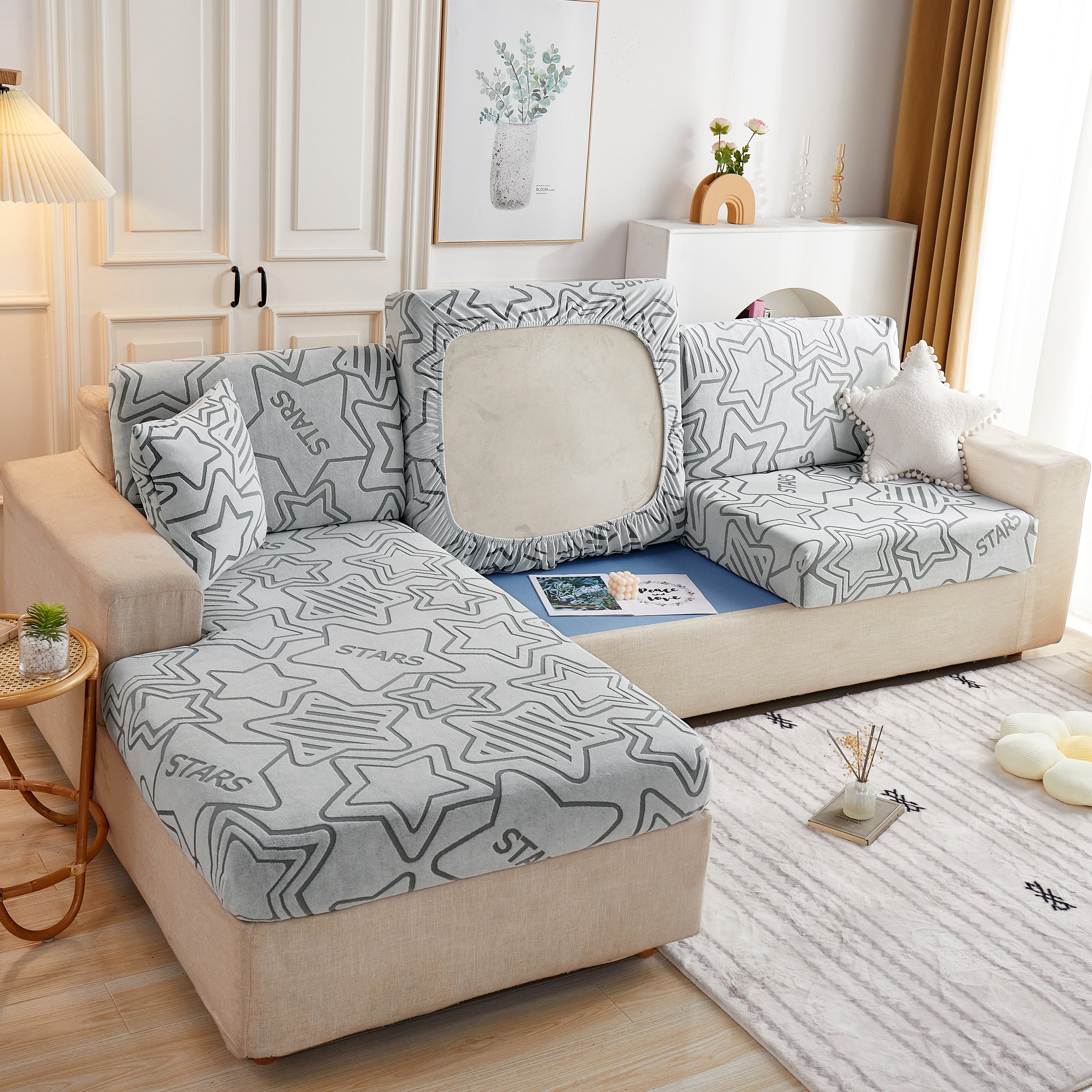 Starry Sky Jacquard Fleece Stretchable Non-Slip Cushion Covers Furniture Covers for L-Shaped Couch