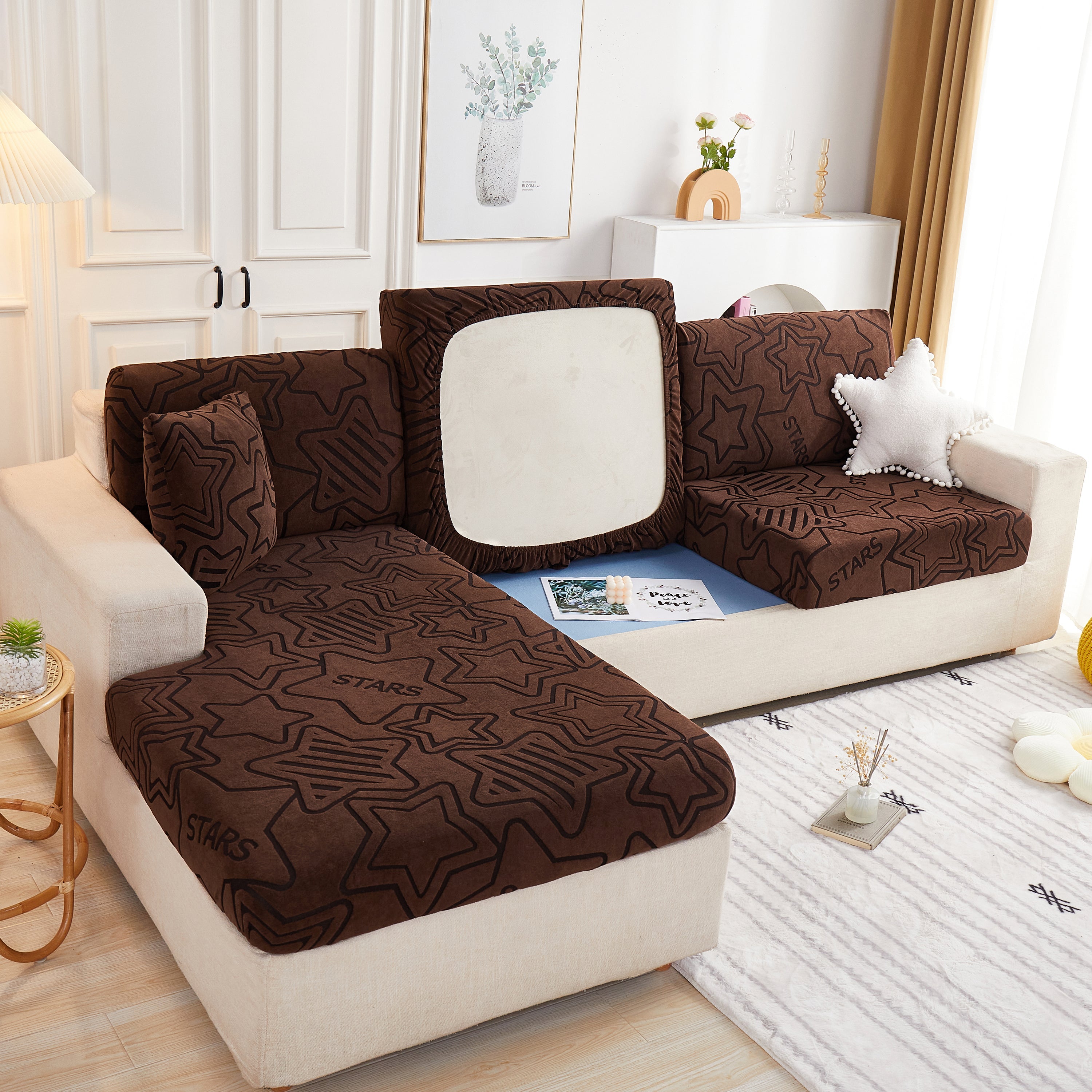 Starry Sky Jacquard Fleece Stretchable Non-Slip Cushion Covers Furniture Covers for L-Shaped Couch