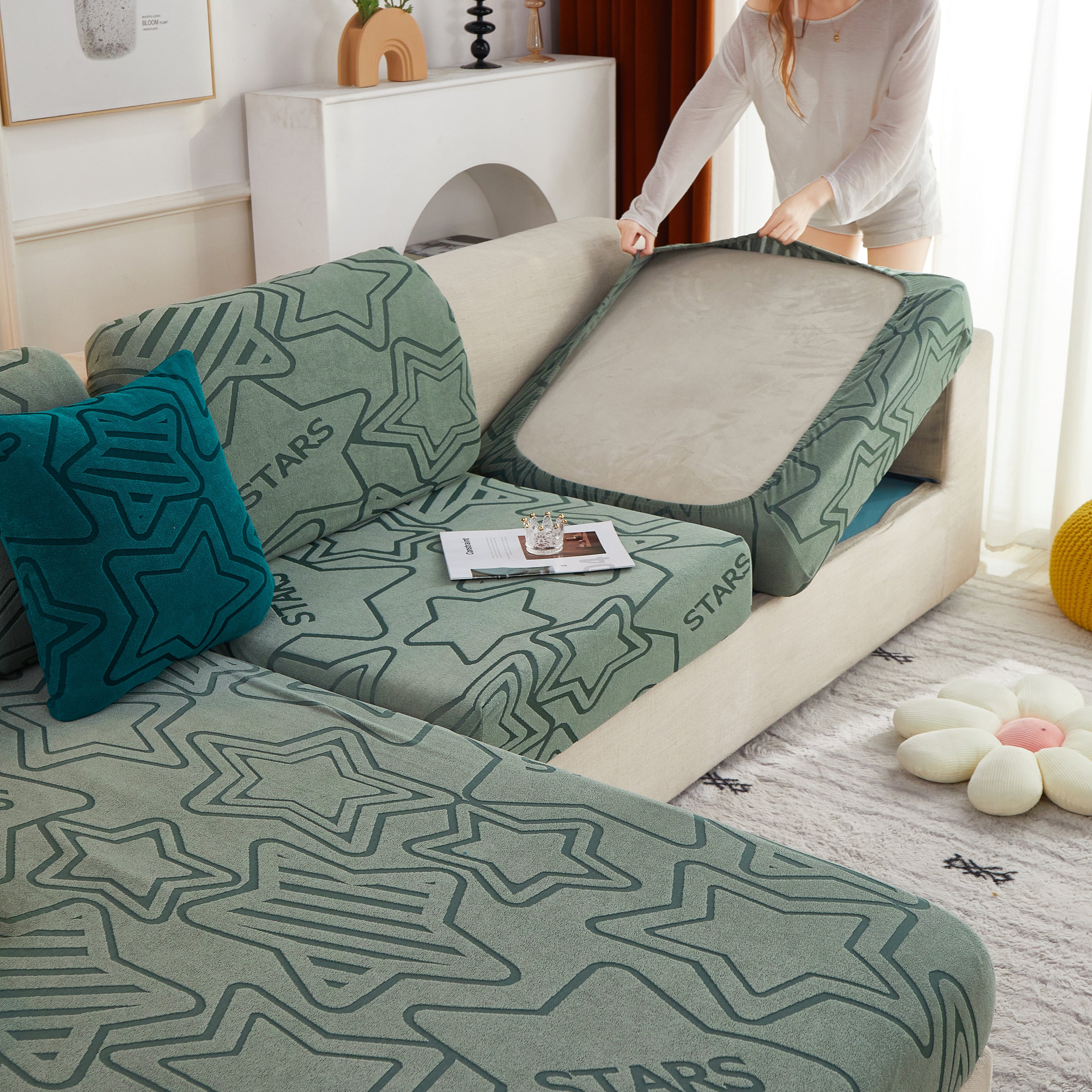 Starry Sky Jacquard Fleece Stretchable Non-Slip Cushion Covers Furniture Covers for L-Shaped Couch