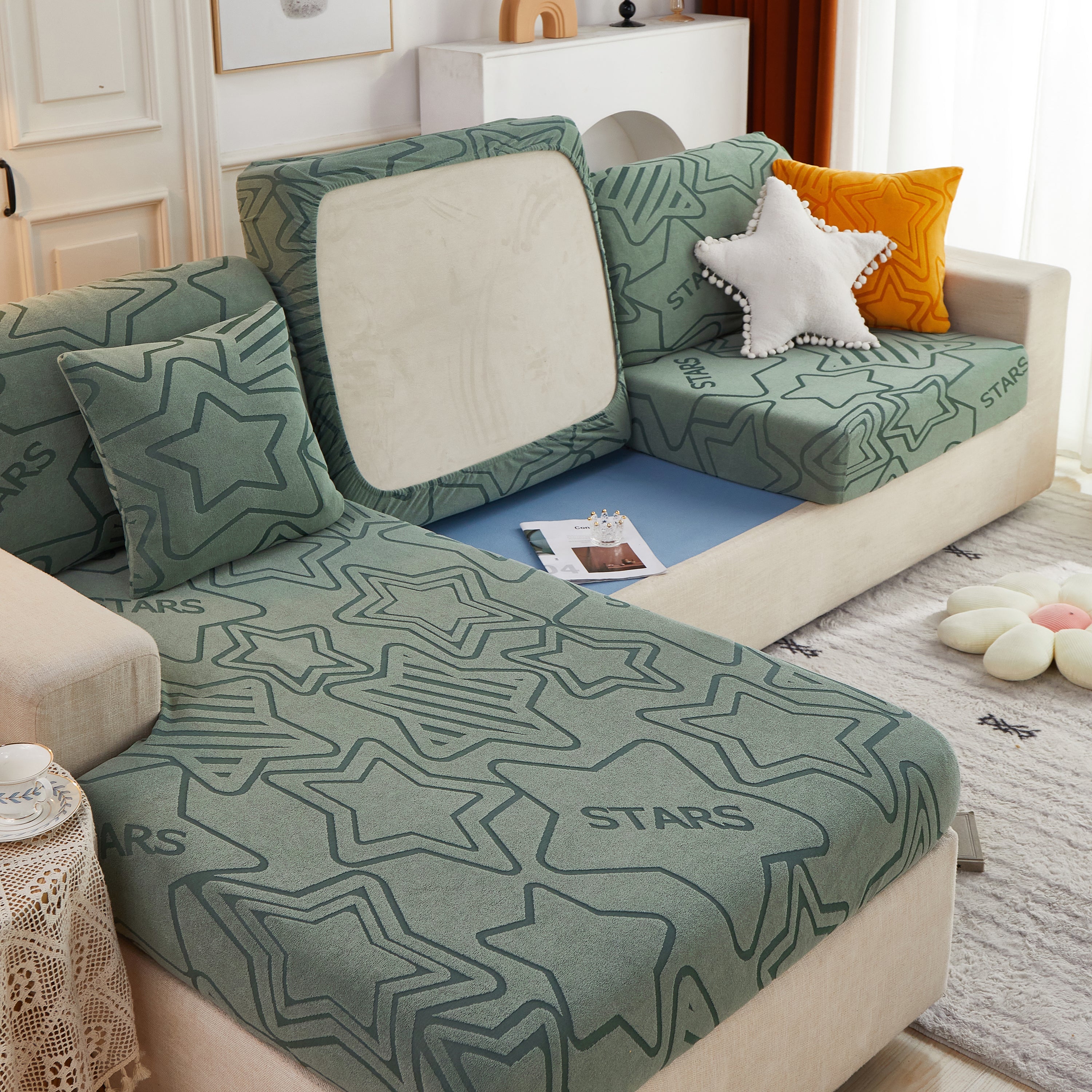Starry Sky Jacquard Fleece Stretchable Non-Slip Cushion Covers Furniture Covers for L-Shaped Couch
