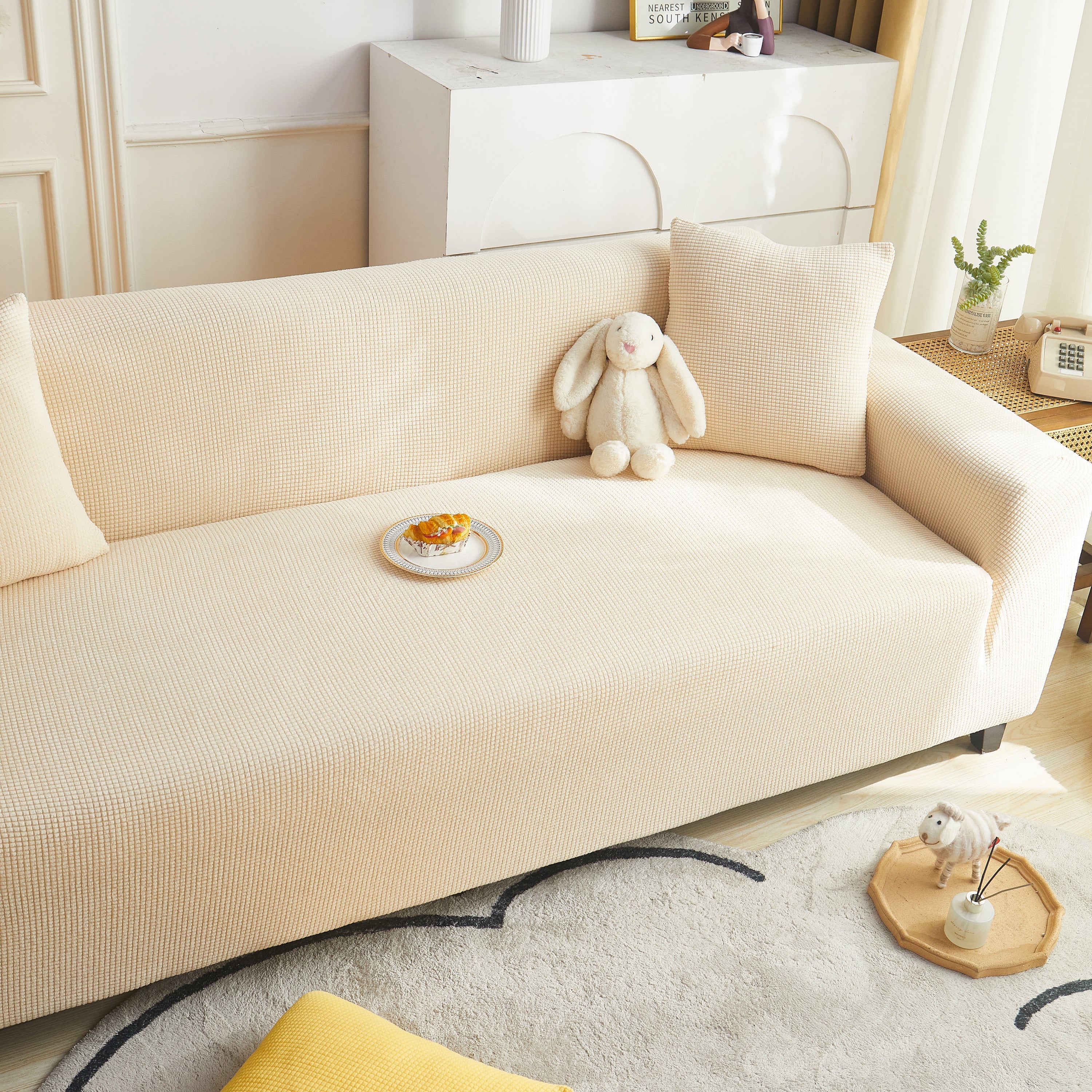 Grid Textured Stretch Sofa Cover, Soft Elastic Slipcover for Couch Protection