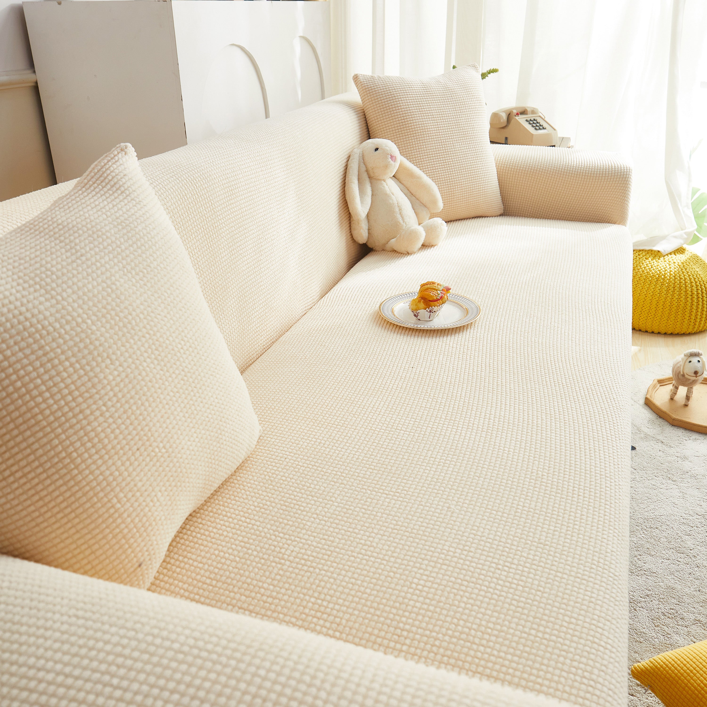 Grid Textured Stretch Sofa Cover, Soft Elastic Slipcover for Couch Protection